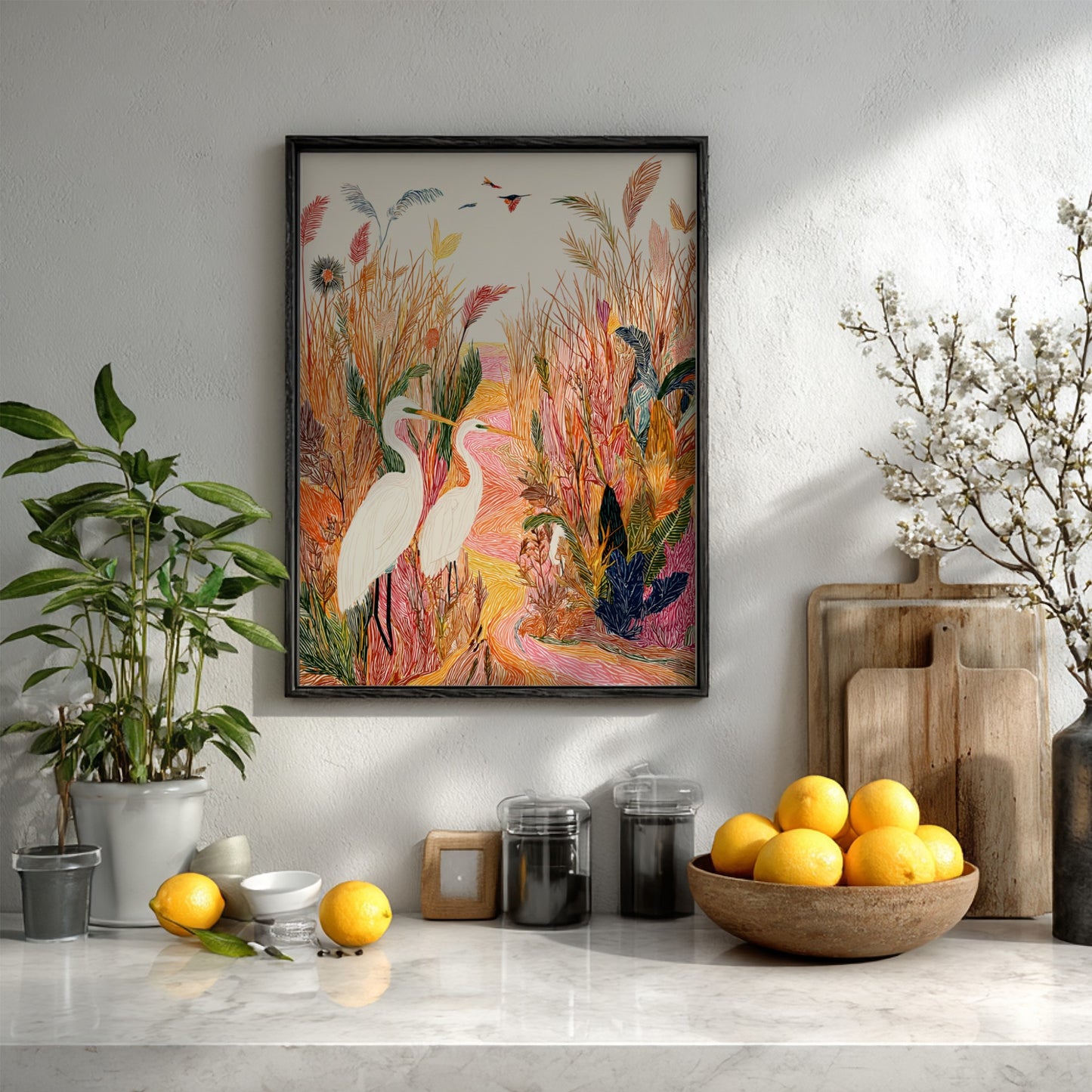 Salt Marsh Egret art print with two white egrets in a textured, colorful marsh landscape.