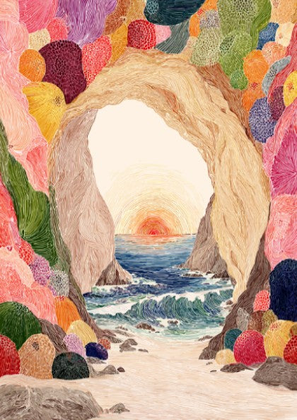 Tide Cave Sunset poster featuring a cave opening overlooking a colorful sunset over the ocean.