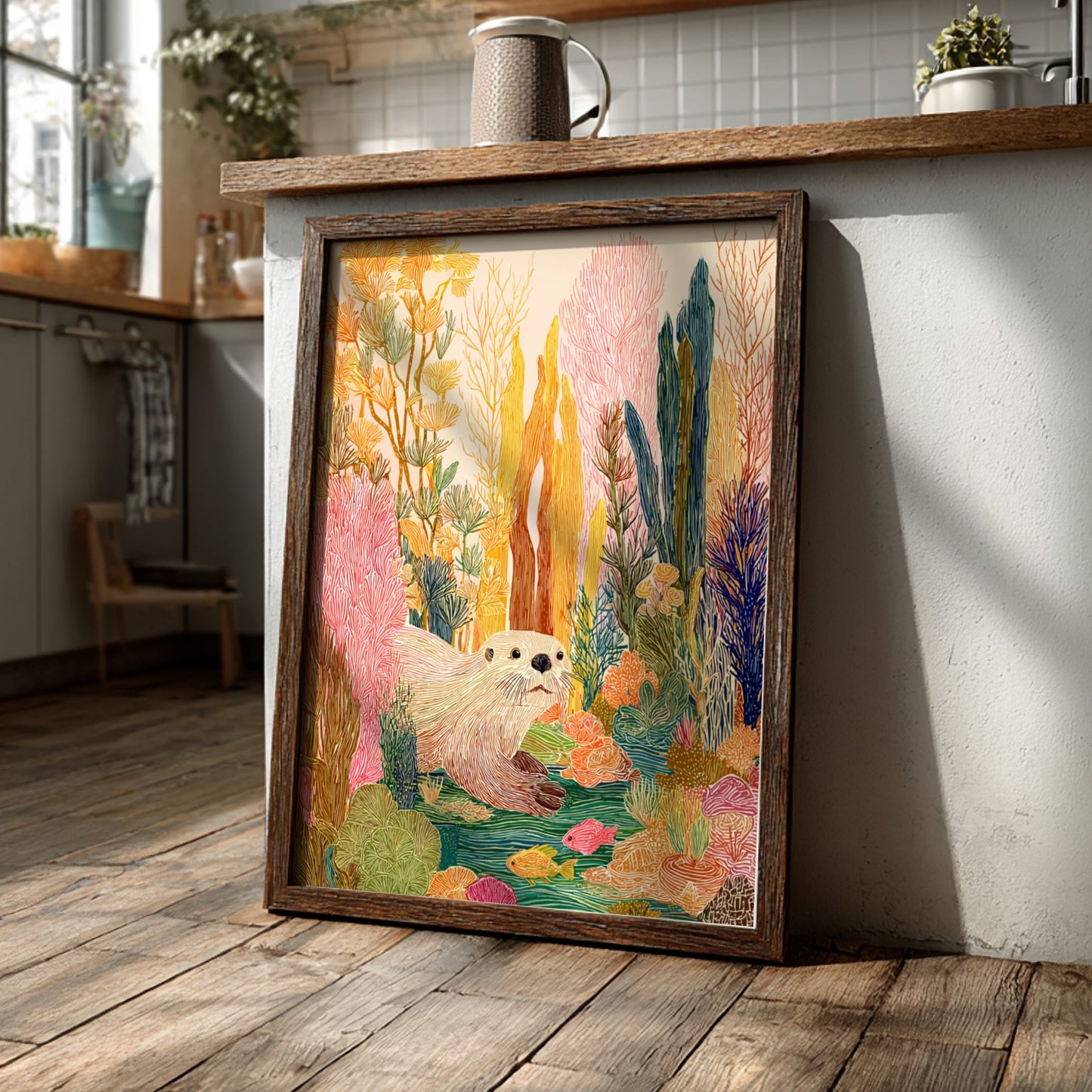 Kelp Otter Gold art print featuring a cute otter in a colorful underwater kelp forest.