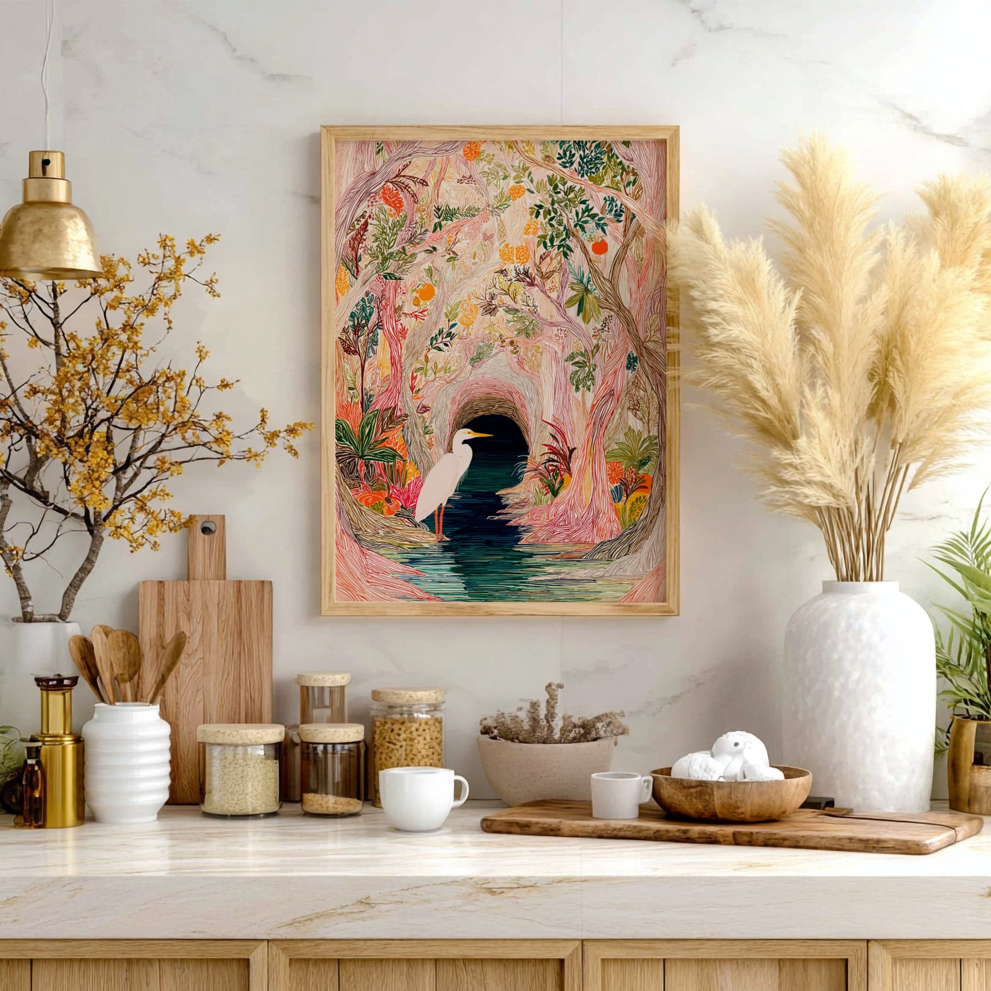Mangrove Heron Art Print featuring a white heron by a dark water channel in a colorful, textured for