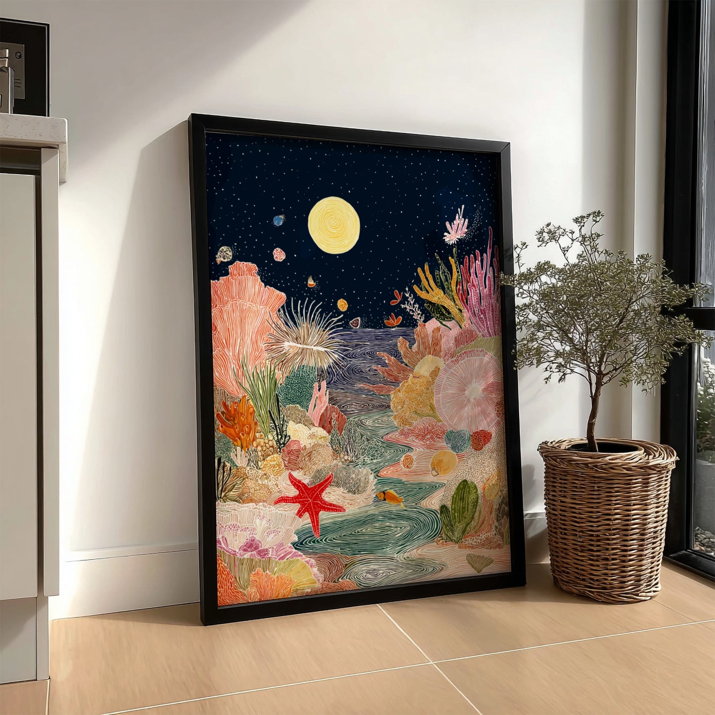 Tide Pool Midnight Blue wall art featuring a vibrant coral reef under a starry night sky with a moon