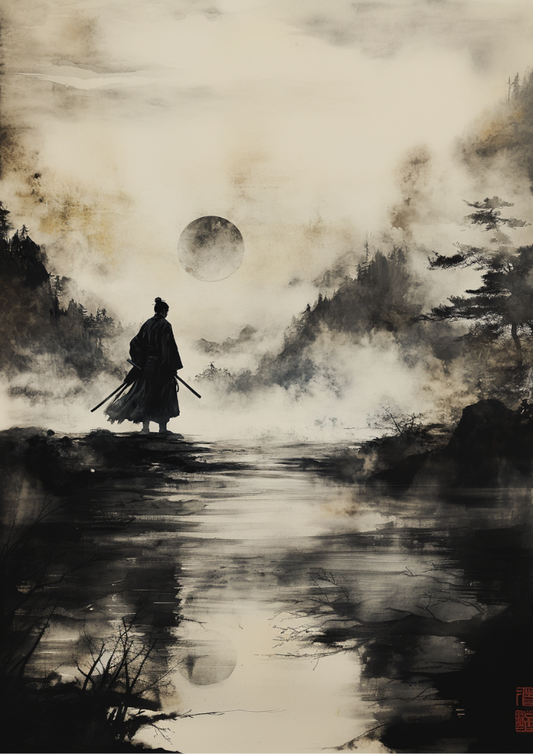Silhouette of a person with a spear standing on a rock in a misty forest with a large moon in the sky.