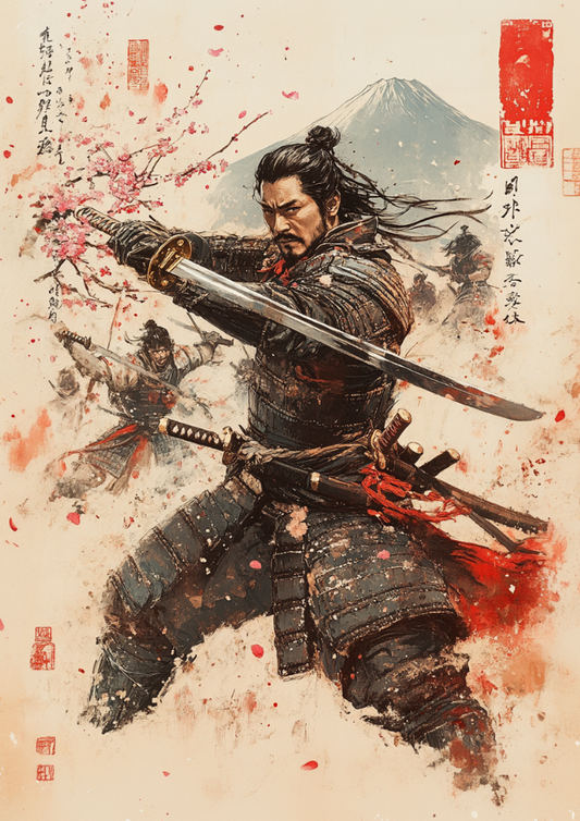 Samurai warrior holding a sword with cherry blossoms and Mount Fuji in the background