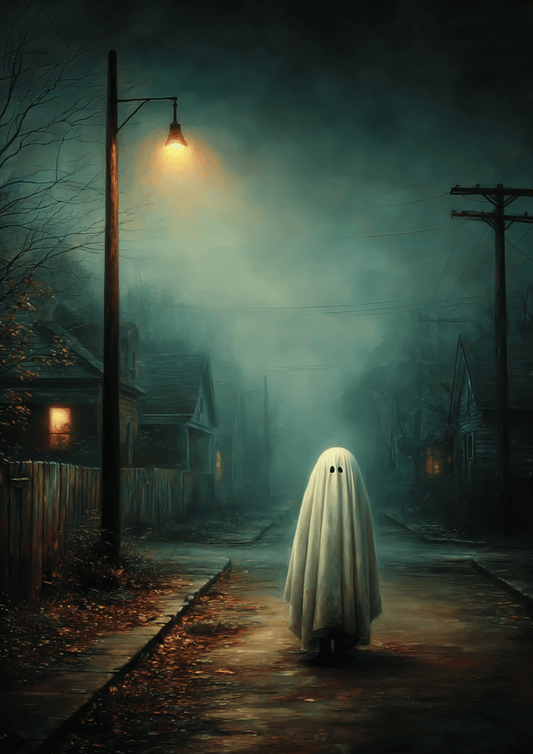 Ghost Suburban Poster – Porchlight Apparition Surreal Night Scene Wall Art