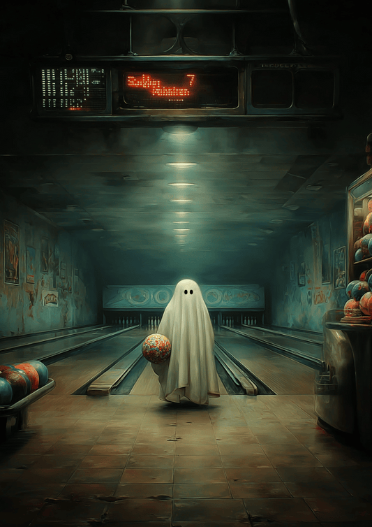 Ghost Bowling Alley Poster – Spare Spirit Surreal Retro Wall Art