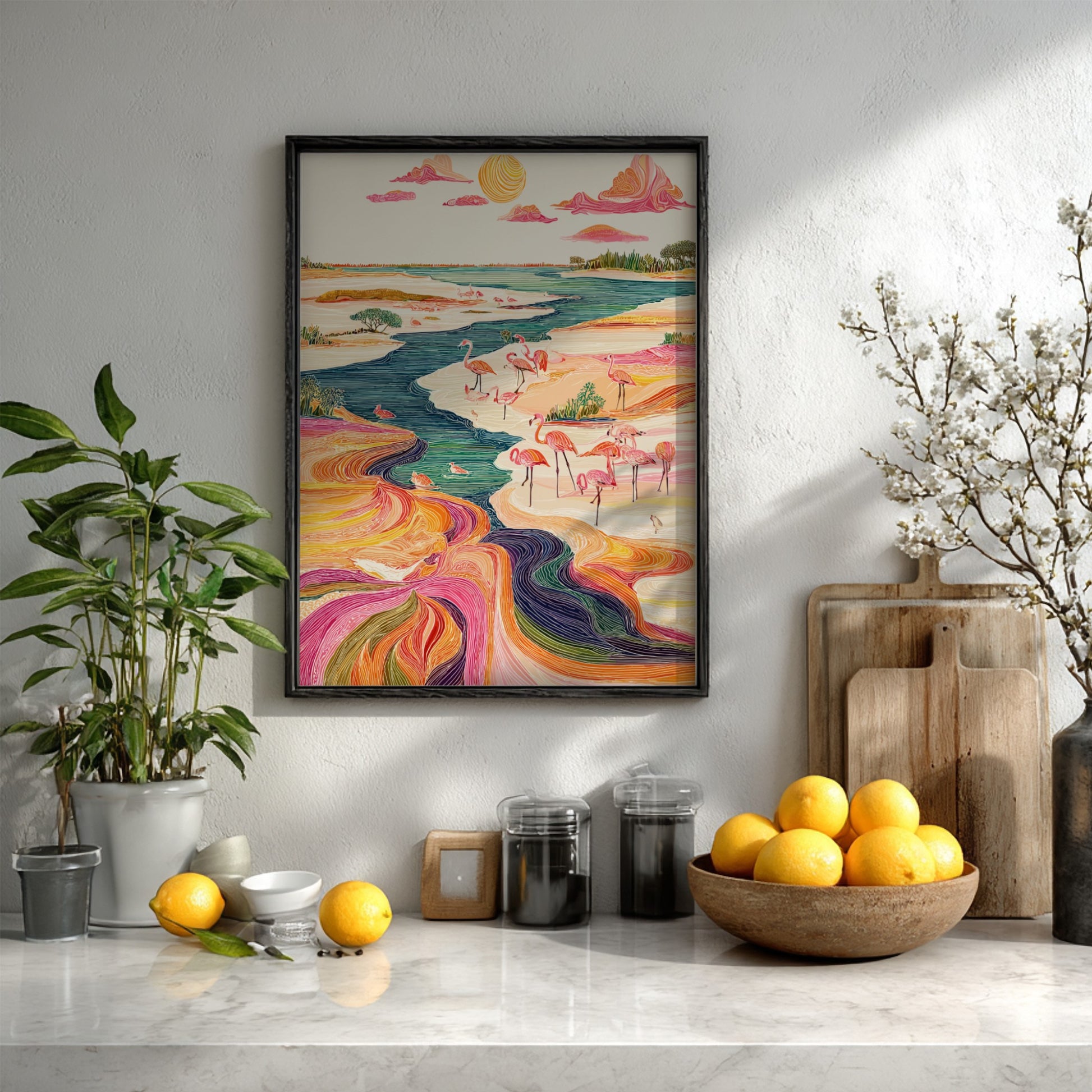Vibrant art print of flamingos by a colorful river, with a stylized sun and clouds.