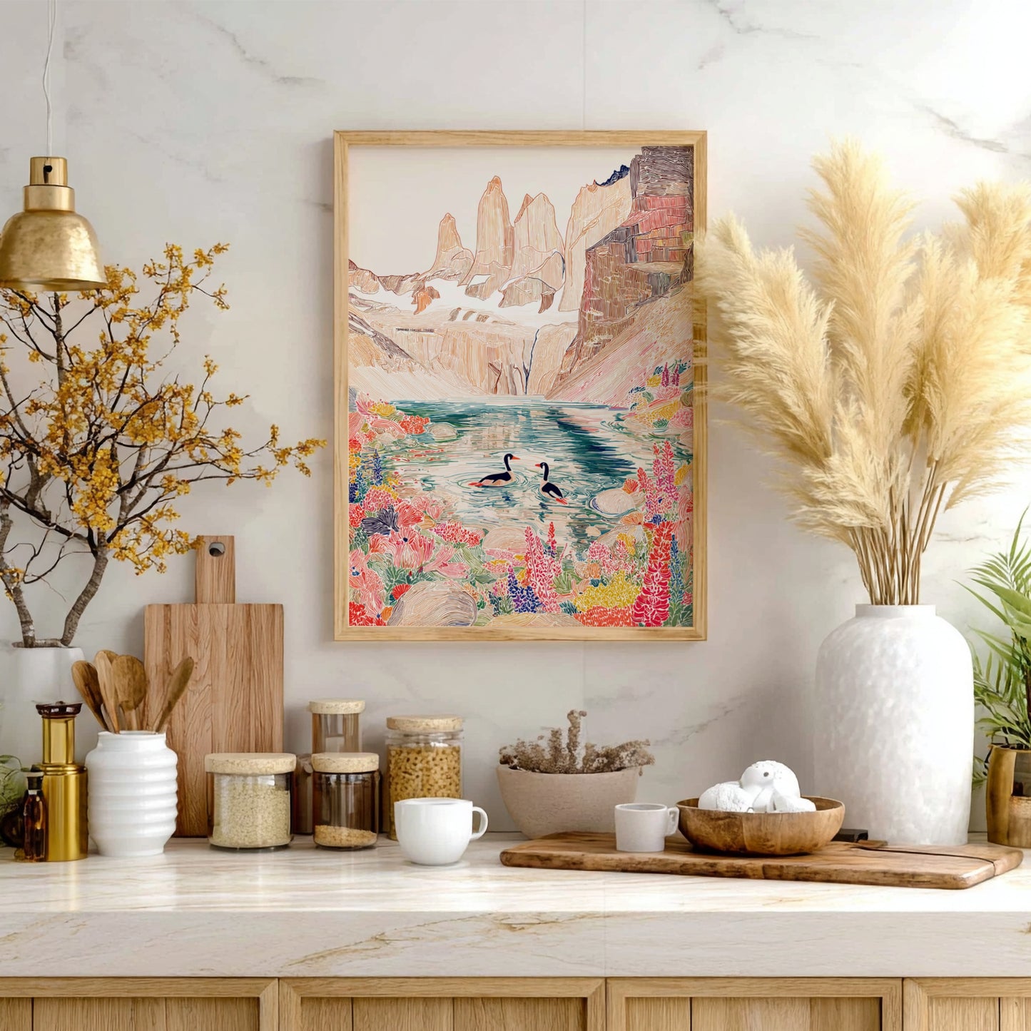 Glacier Loon Wildflower art print featuring loons on a lake with mountains and colorful wildflowers.