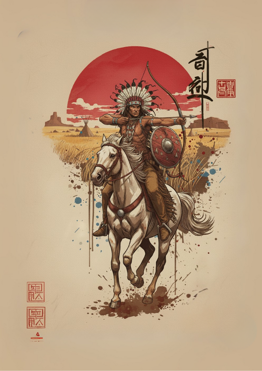 Illustration of a Native American warrior on horseback with a red sun in the background