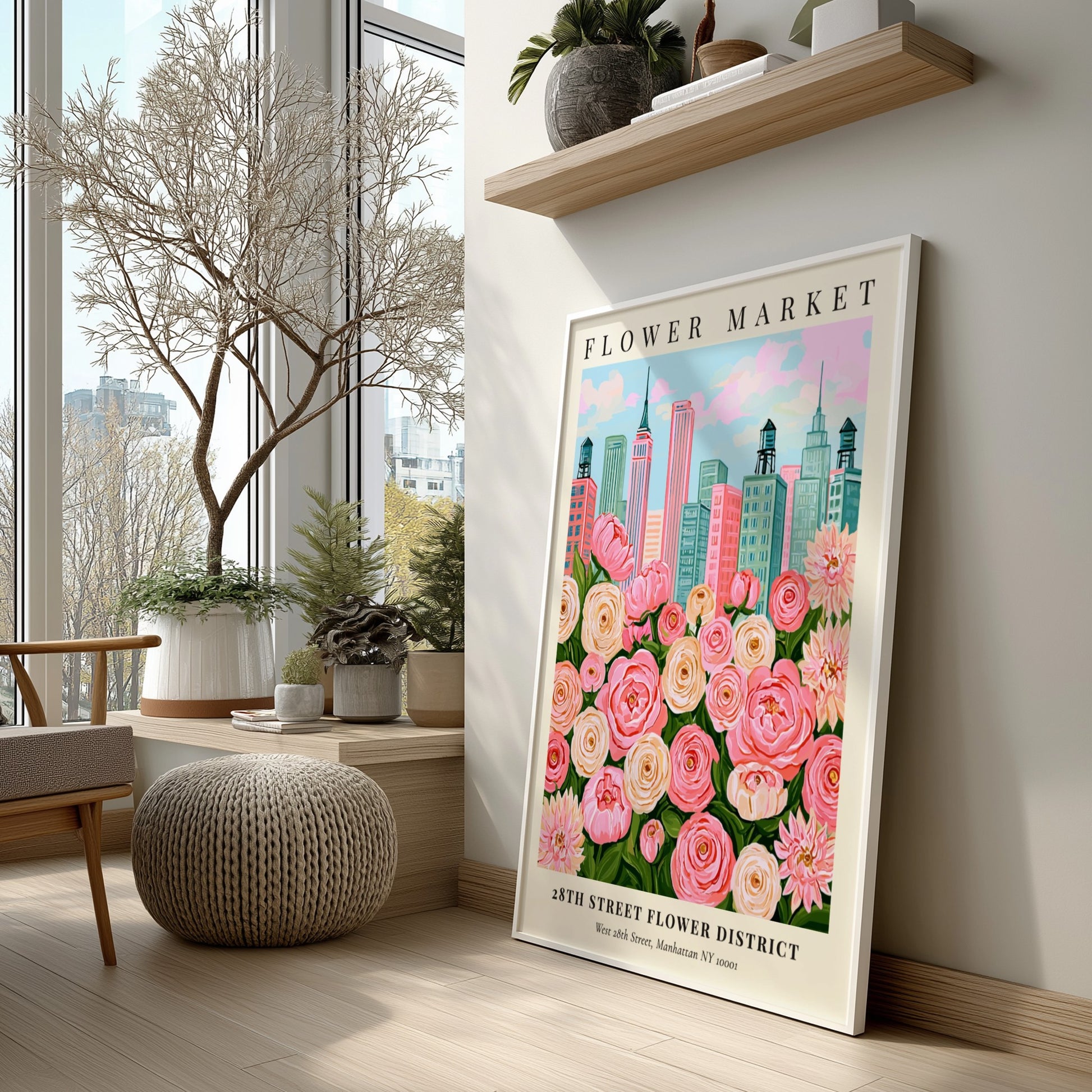 Floral print featuring pink flowers and city skyline, vibrant wall decor for home or office
