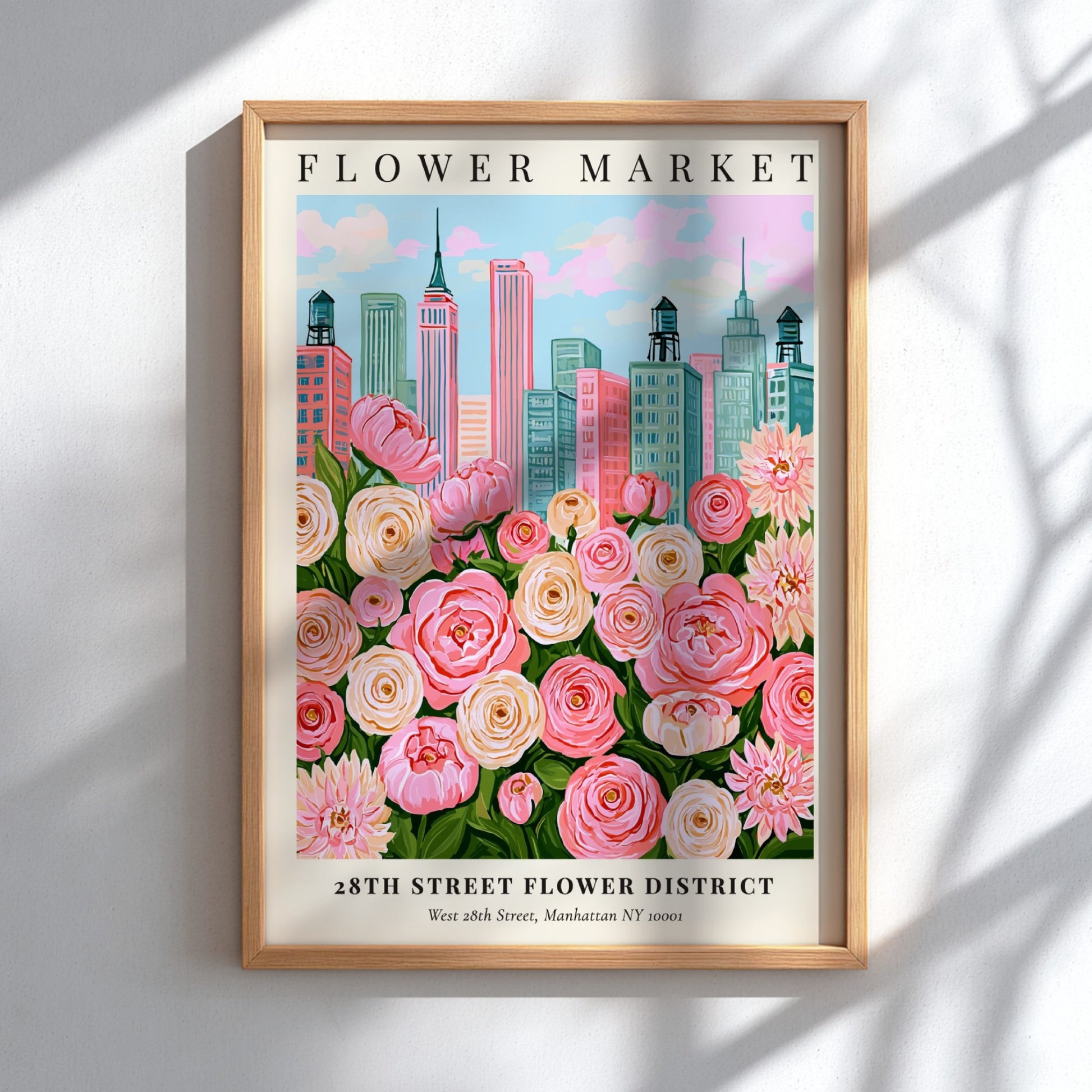 Floral print featuring pink flowers and city skyline, vibrant wall decor for home or office