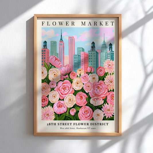 Floral print featuring pink flowers and city skyline, vibrant wall decor for home or office
