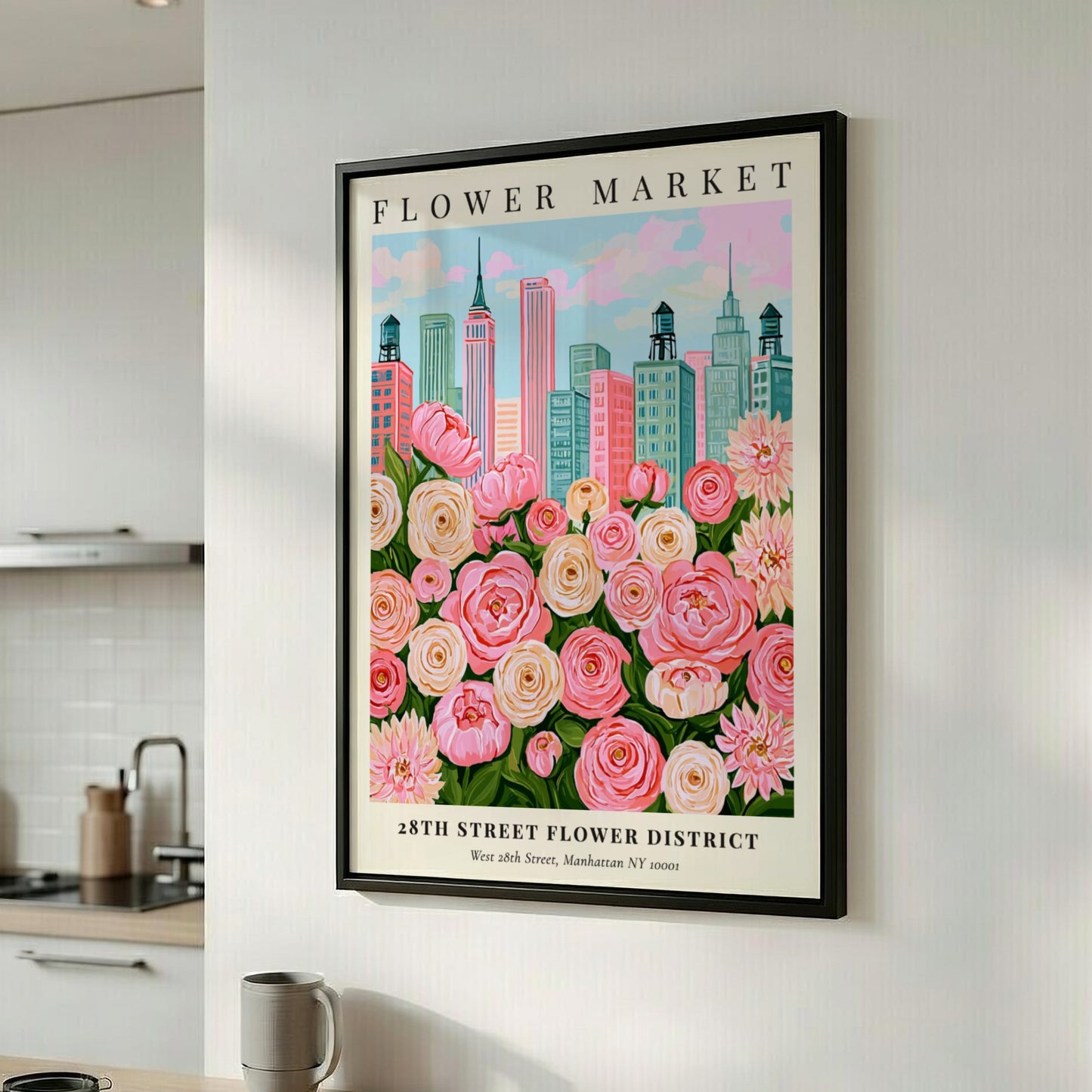 Floral print featuring pink flowers and city skyline, vibrant wall decor for home or office