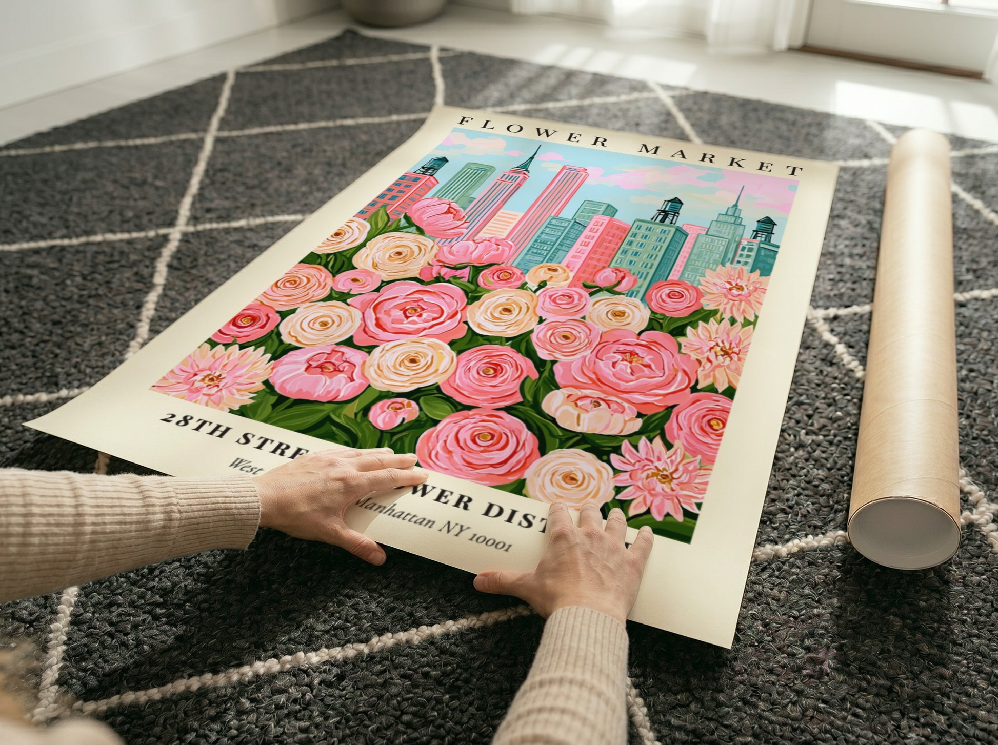 Floral print featuring pink flowers and city skyline, vibrant wall decor for home or office