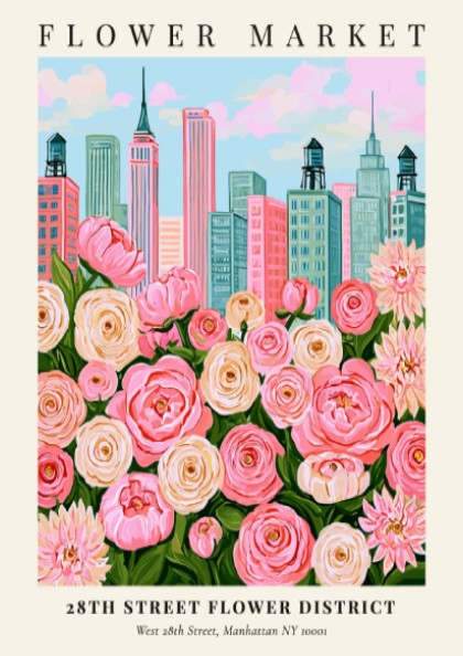 Floral print featuring pink flowers and city skyline, vibrant wall decor for home or office