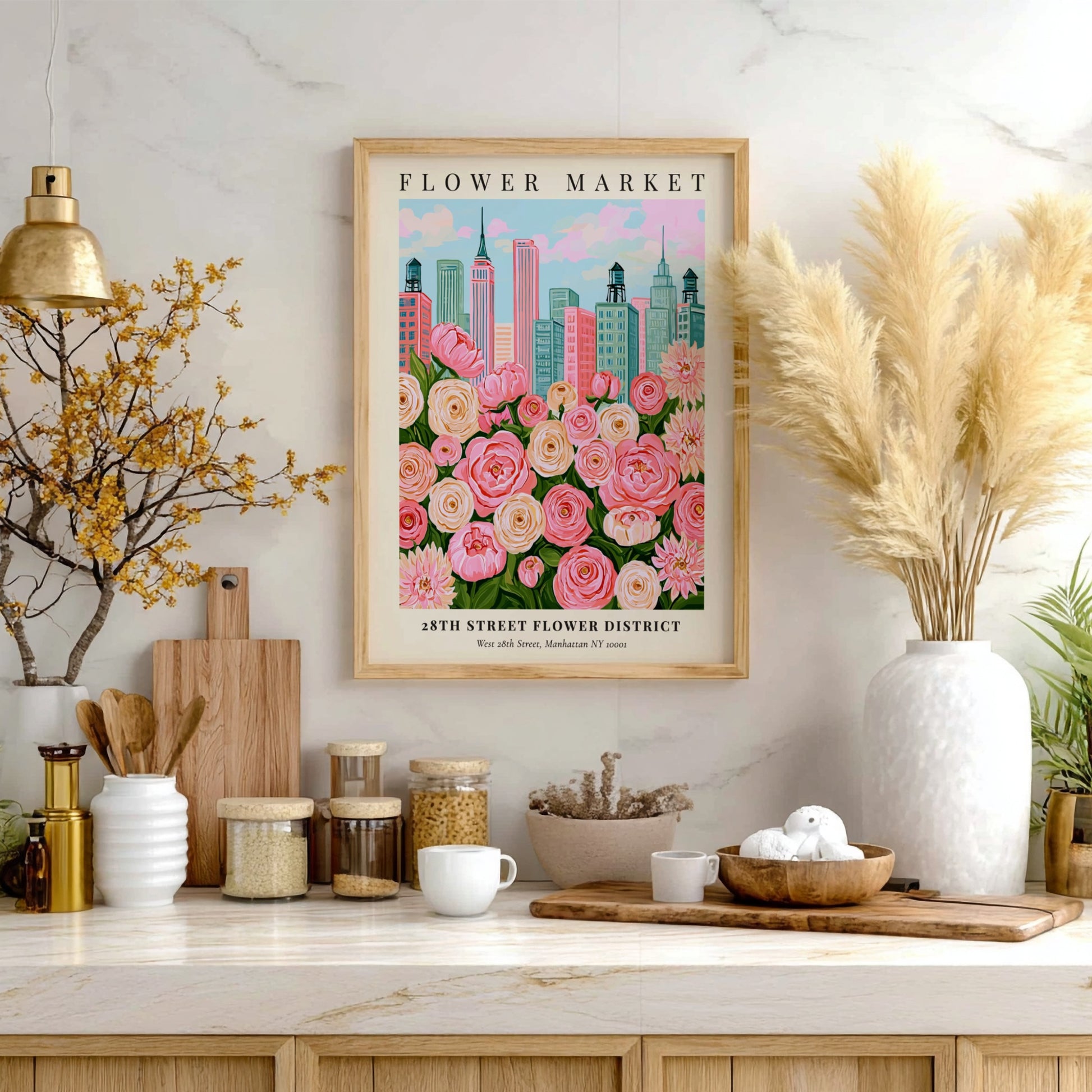 Floral print featuring pink flowers and city skyline, vibrant wall decor for home or office