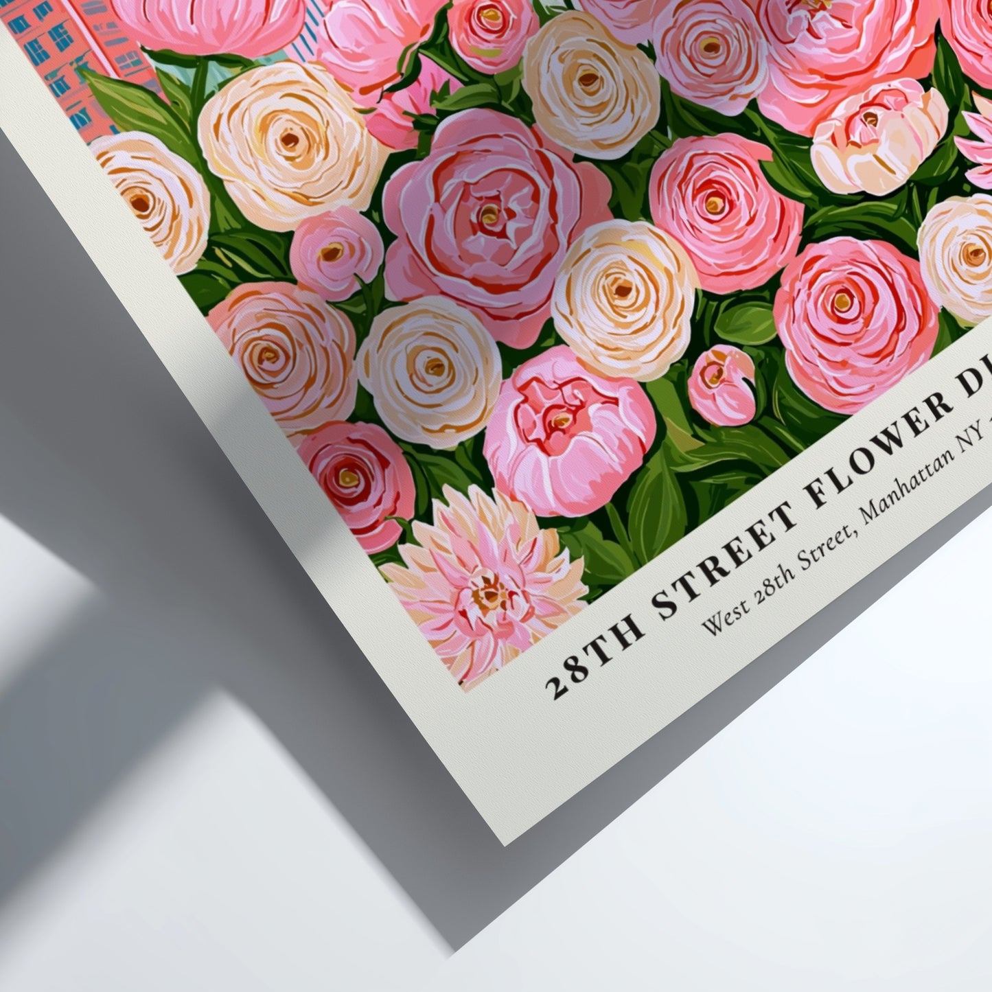 Floral print featuring pink flowers and city skyline, vibrant wall decor for home or office