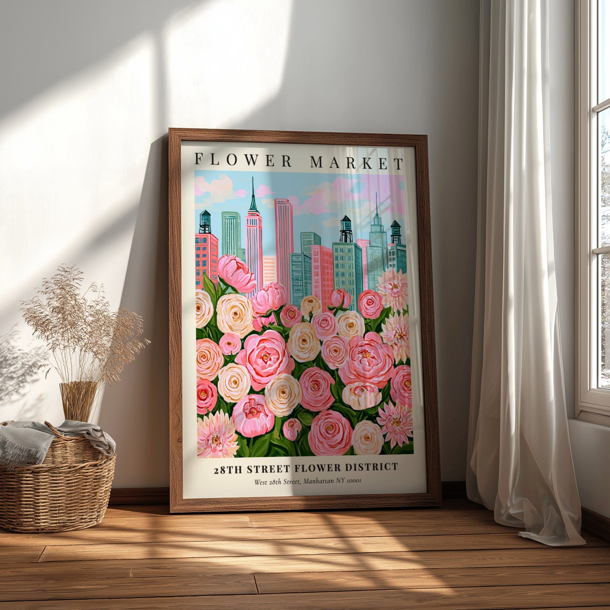 Floral print featuring pink flowers and city skyline, vibrant wall decor for home or office