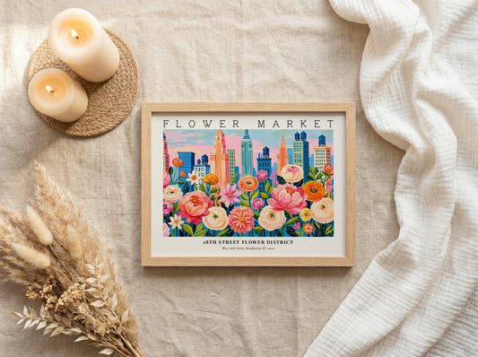 Flower market poster showcasing colorful blooms and city skyline in vibrant style
