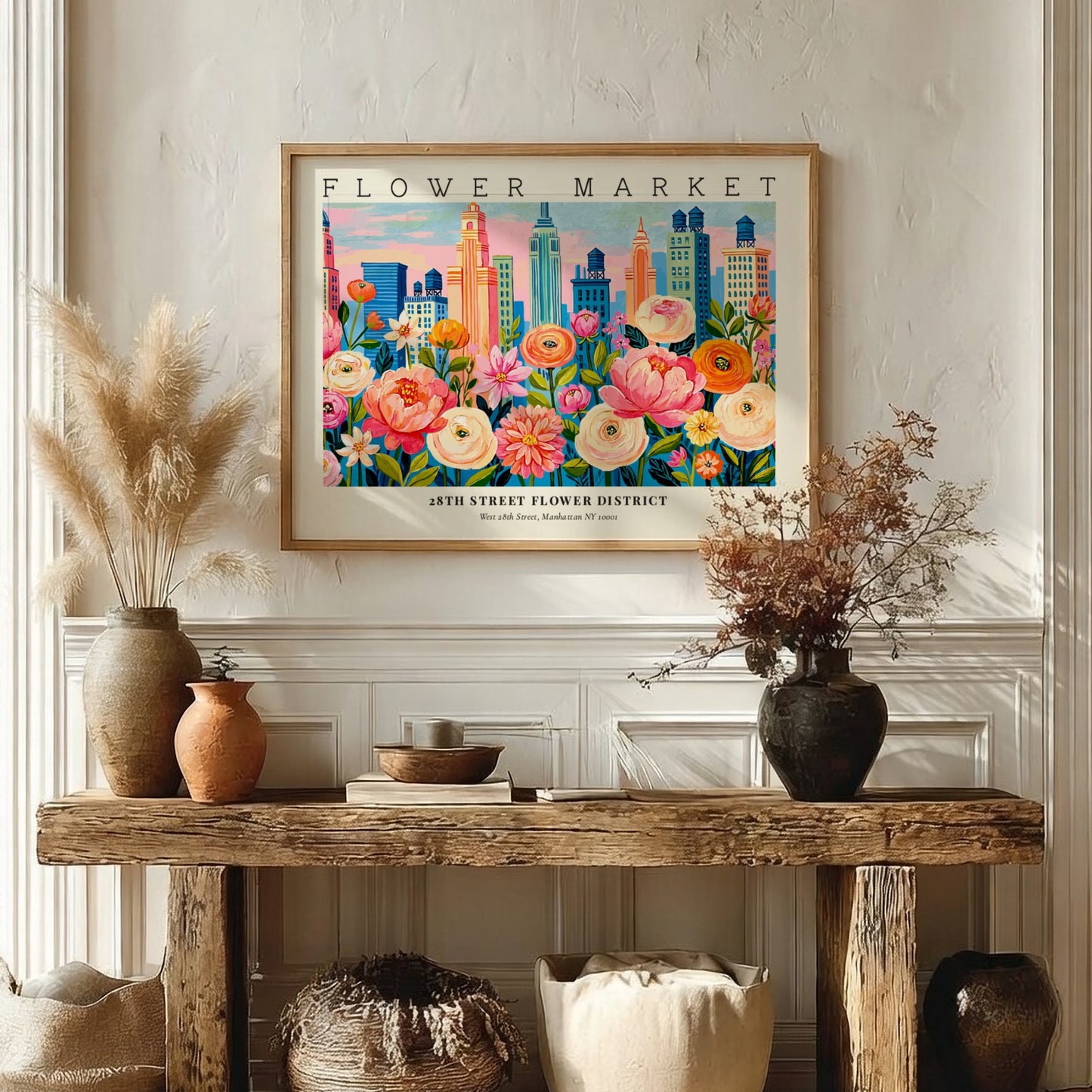 Flower market poster showcasing colorful blooms and city skyline in vibrant style