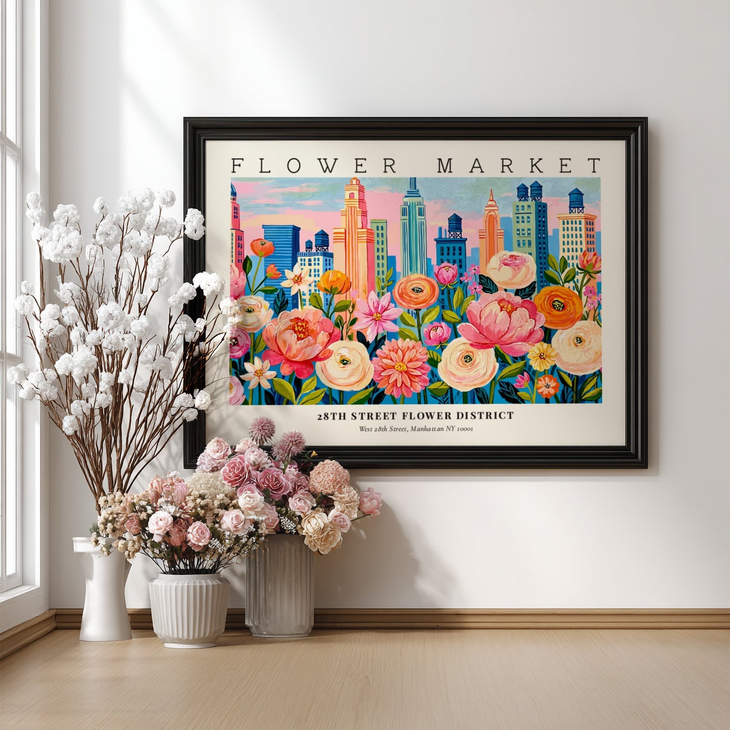 Flower market poster showcasing colorful blooms and city skyline in vibrant style
