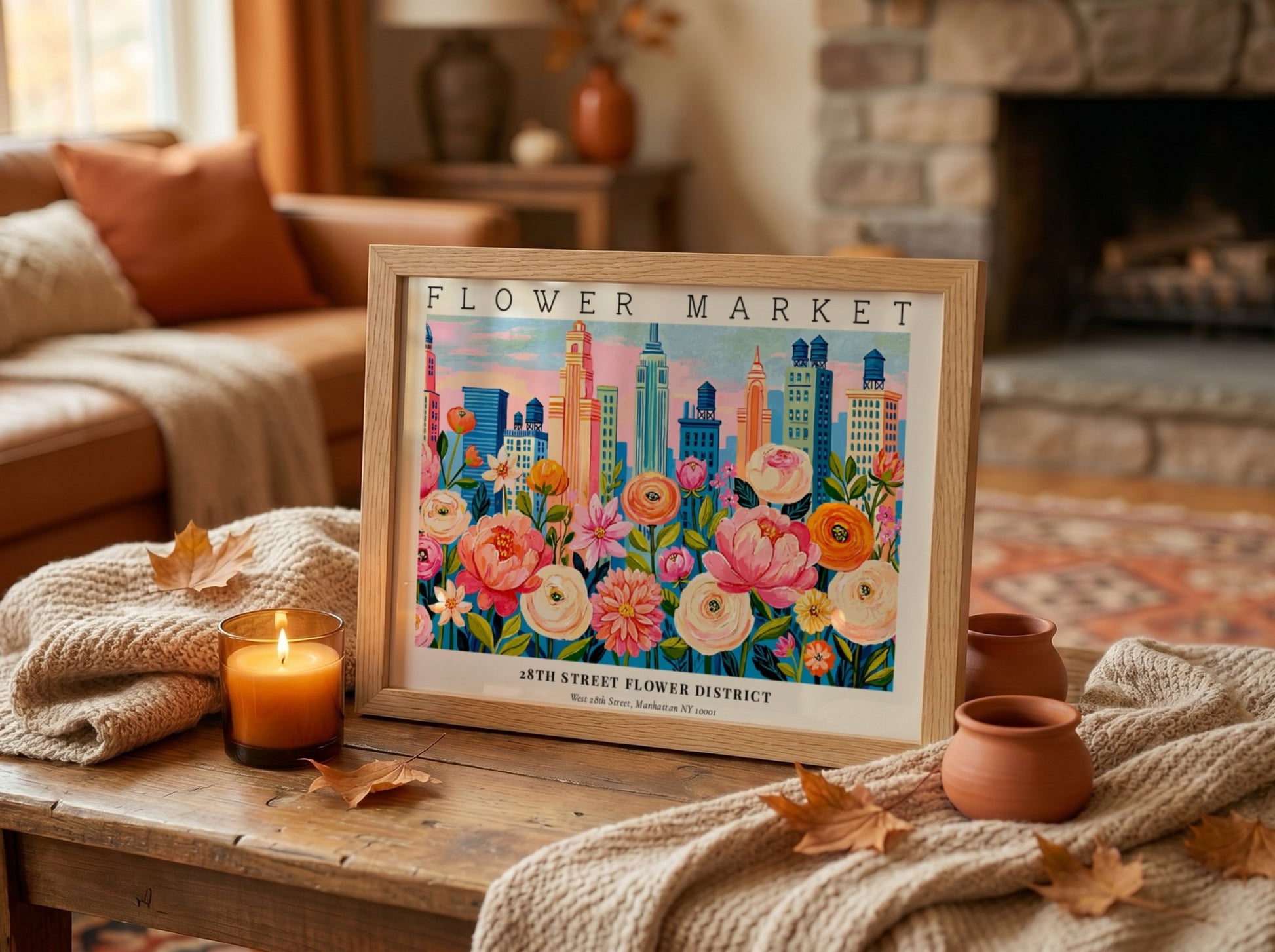 Flower market poster featuring vibrant cityscape and colorful blooms in a lively design