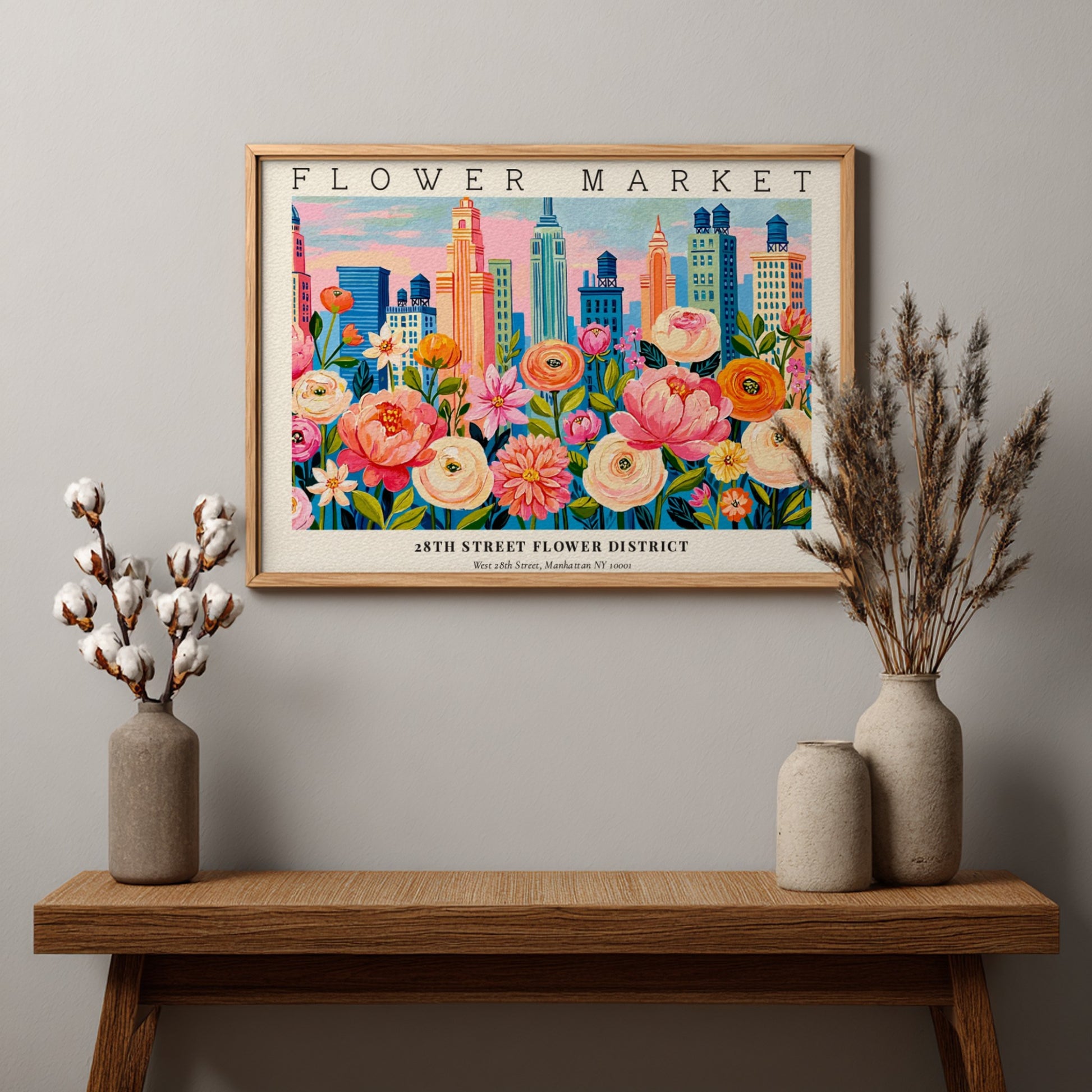 Flower market poster featuring vibrant cityscape and colorful blooms in a lively design