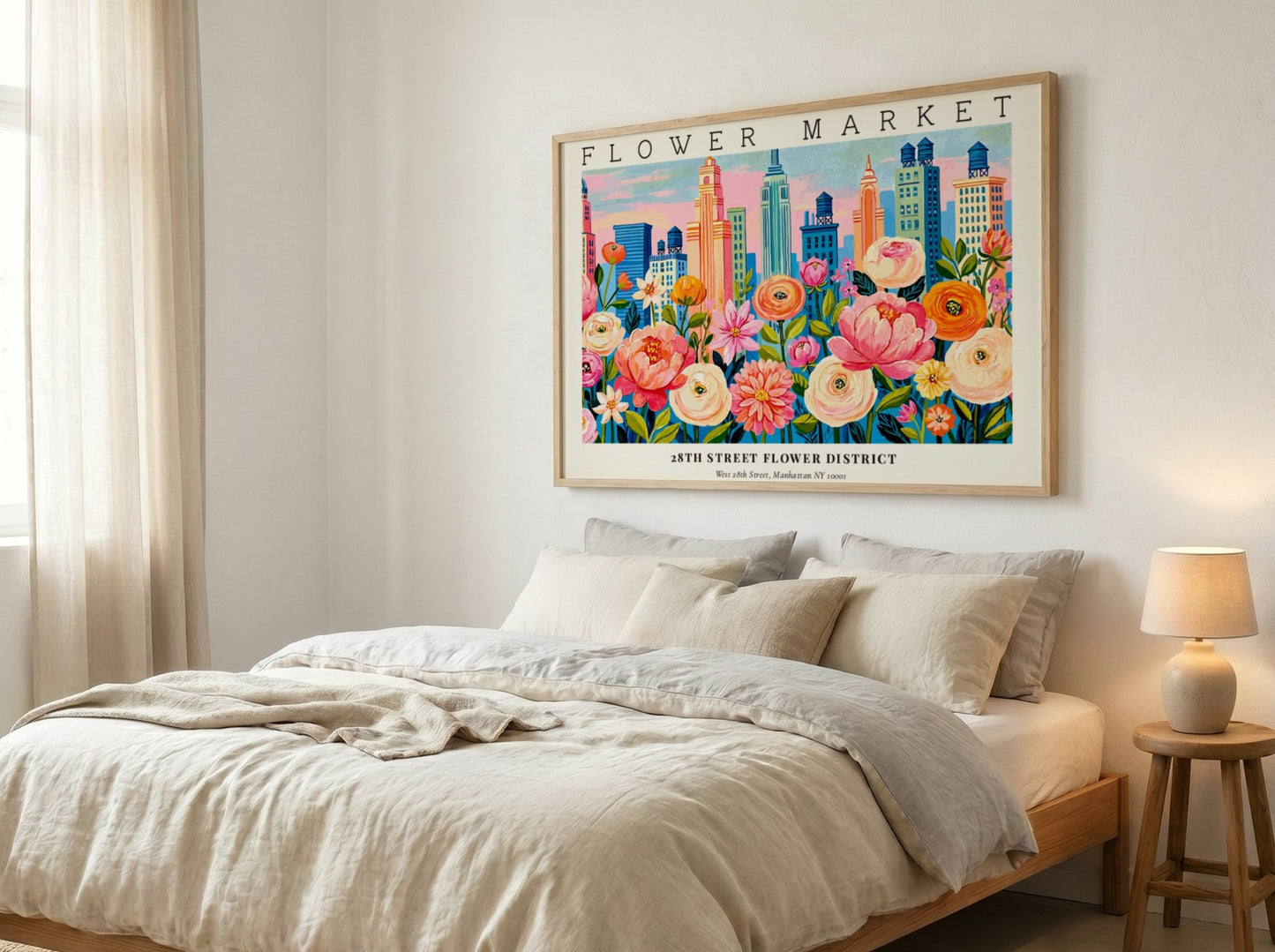 Flower market poster featuring vibrant cityscape and colorful blooms in a lively design