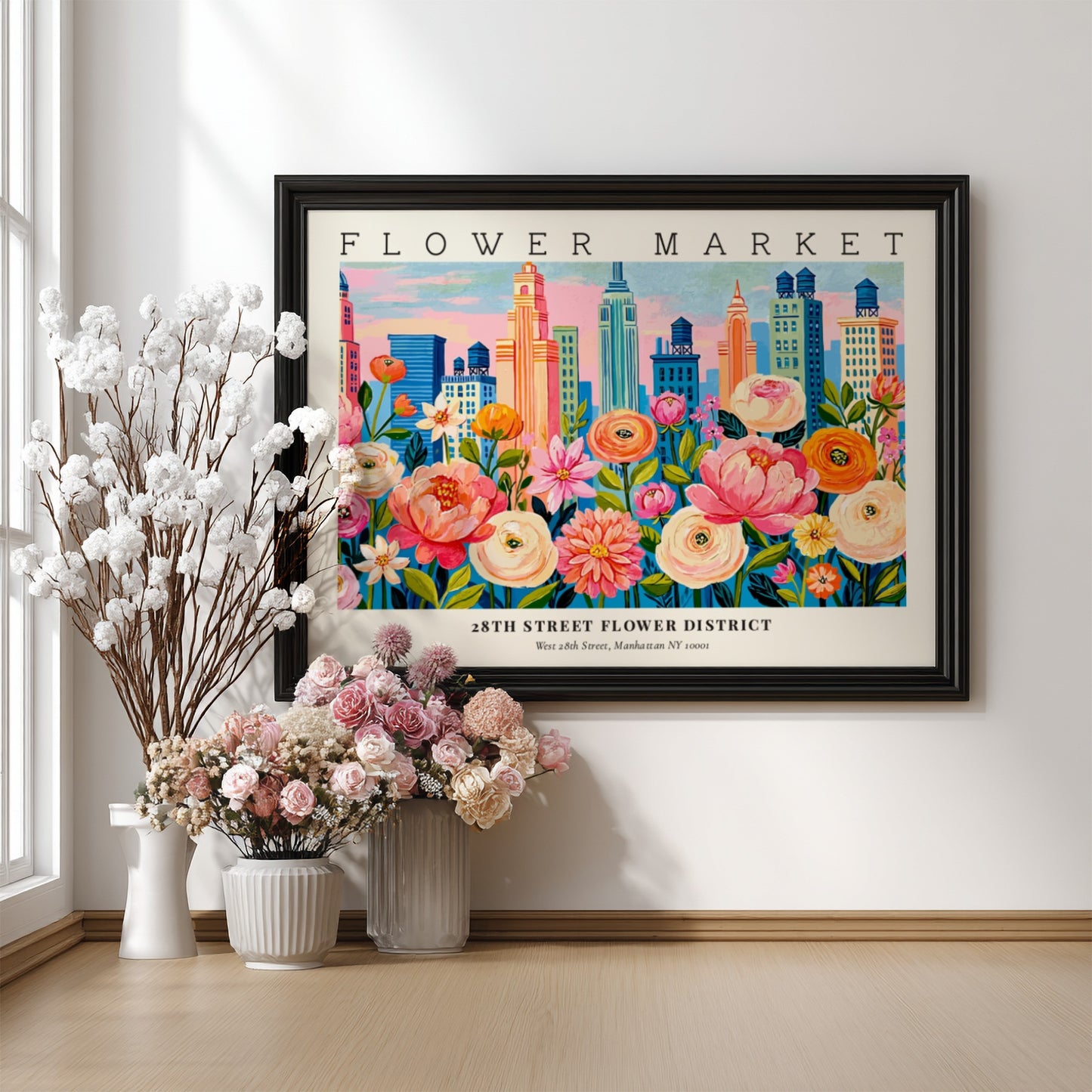 Flower market poster featuring vibrant cityscape and colorful blooms in a lively design