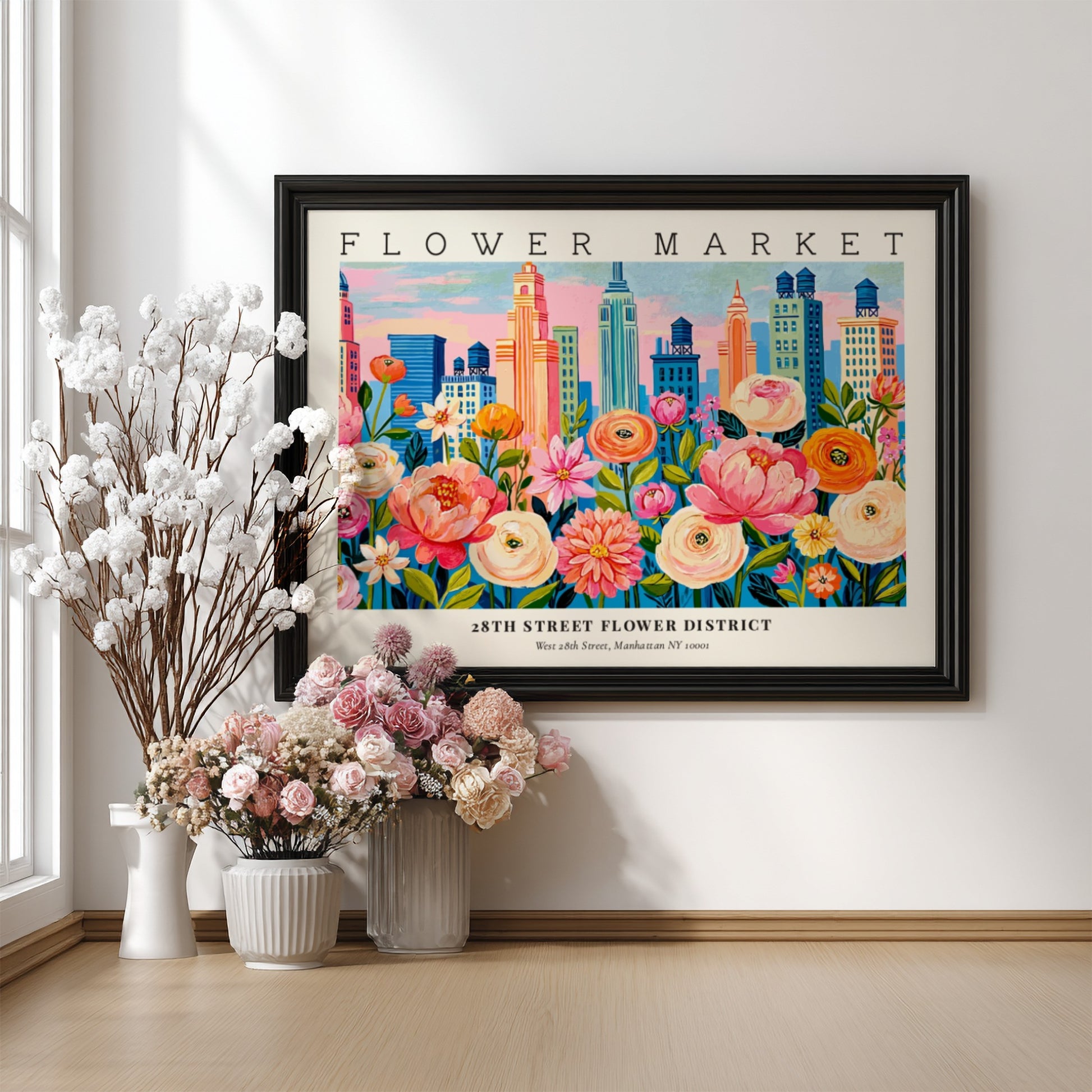 Flower market poster featuring vibrant cityscape and colorful blooms in a lively design