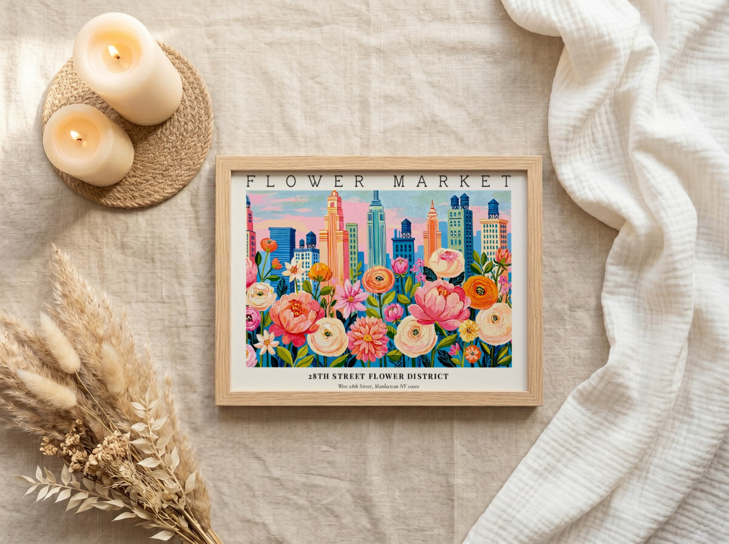 Flower market poster featuring vibrant cityscape and colorful blooms in a lively design