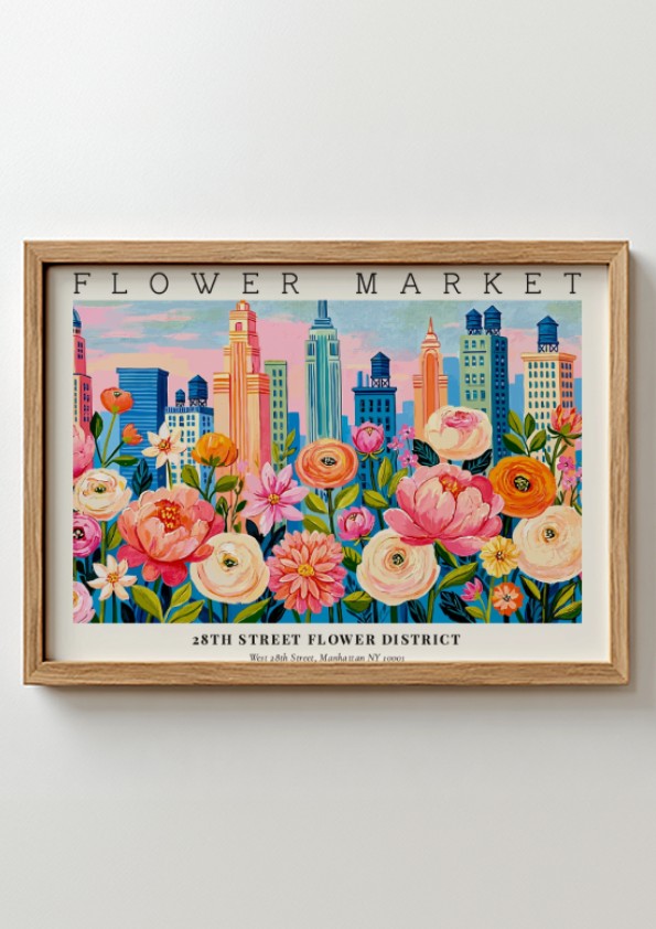 Flower market poster featuring vibrant cityscape and colorful blooms in a lively design