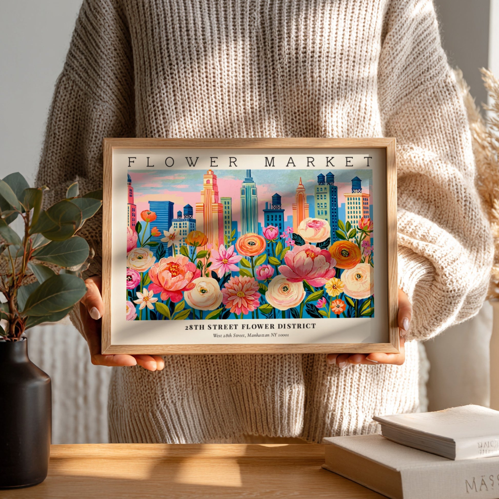 Flower market poster featuring vibrant cityscape and colorful blooms in a lively design