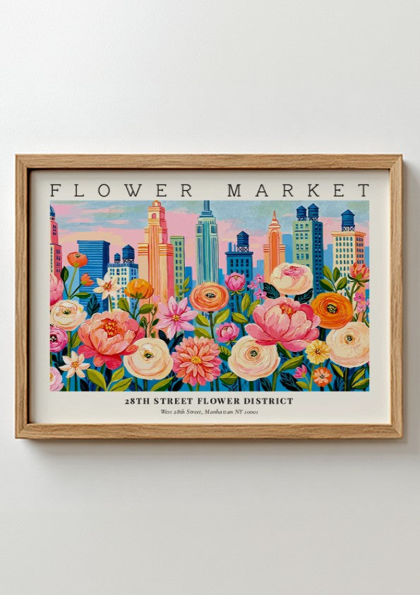 Flower market poster showcasing colorful blooms and city skyline in vibrant style