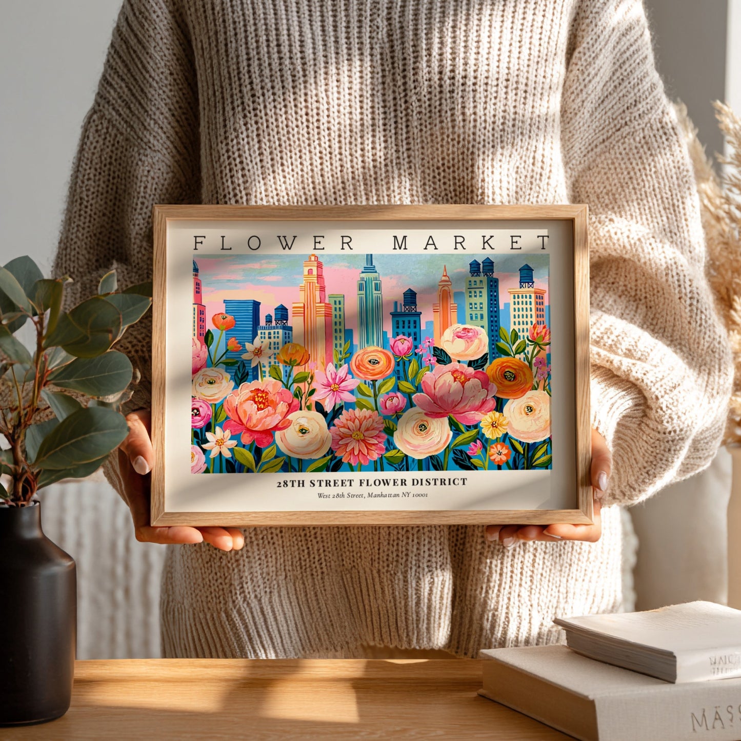 Flower market poster showcasing colorful blooms and city skyline in vibrant style