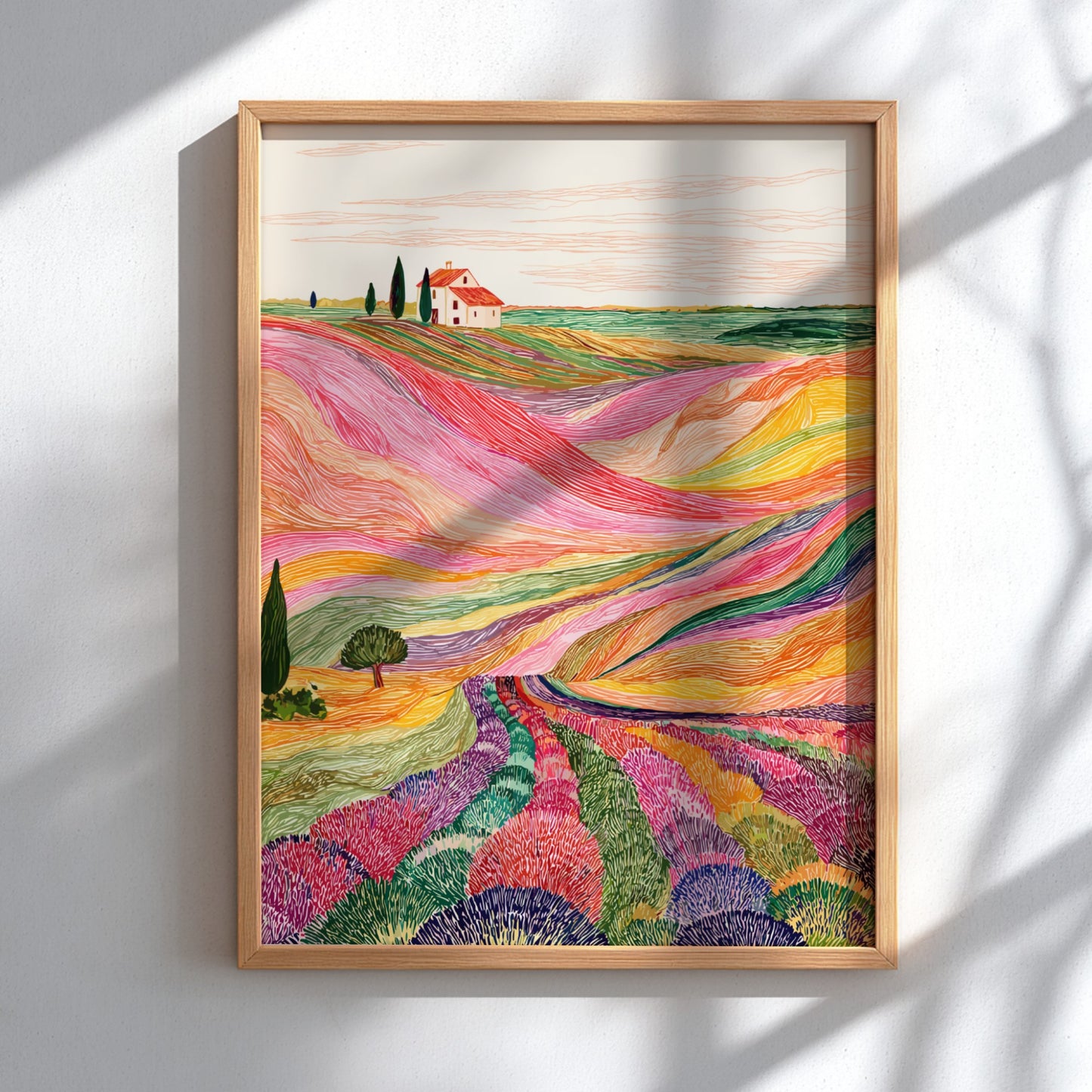 Lavender fields poster with vibrant, textured rows of purple, pink, and yellow flowers leading to a 