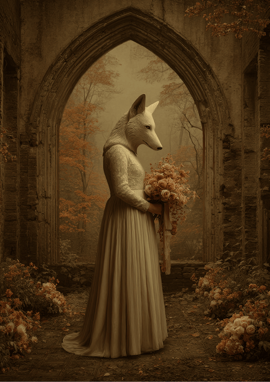 Gothic Animal Wedding Poster – Surreal Wolf-Headed Bride Wall Art Print