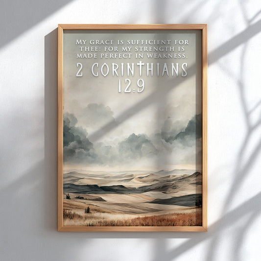 Poster featuring rolling hills and cloudy skies with 2 Corinthians 12:9 text overlay.
