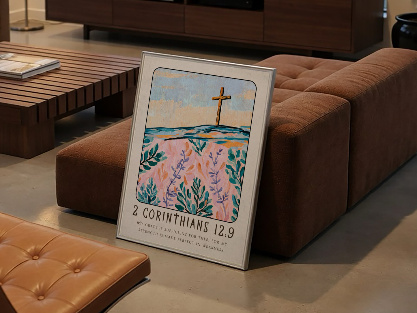Christian poster featuring 2 Corinthians 12:9 with a cross and floral design in pastel colors