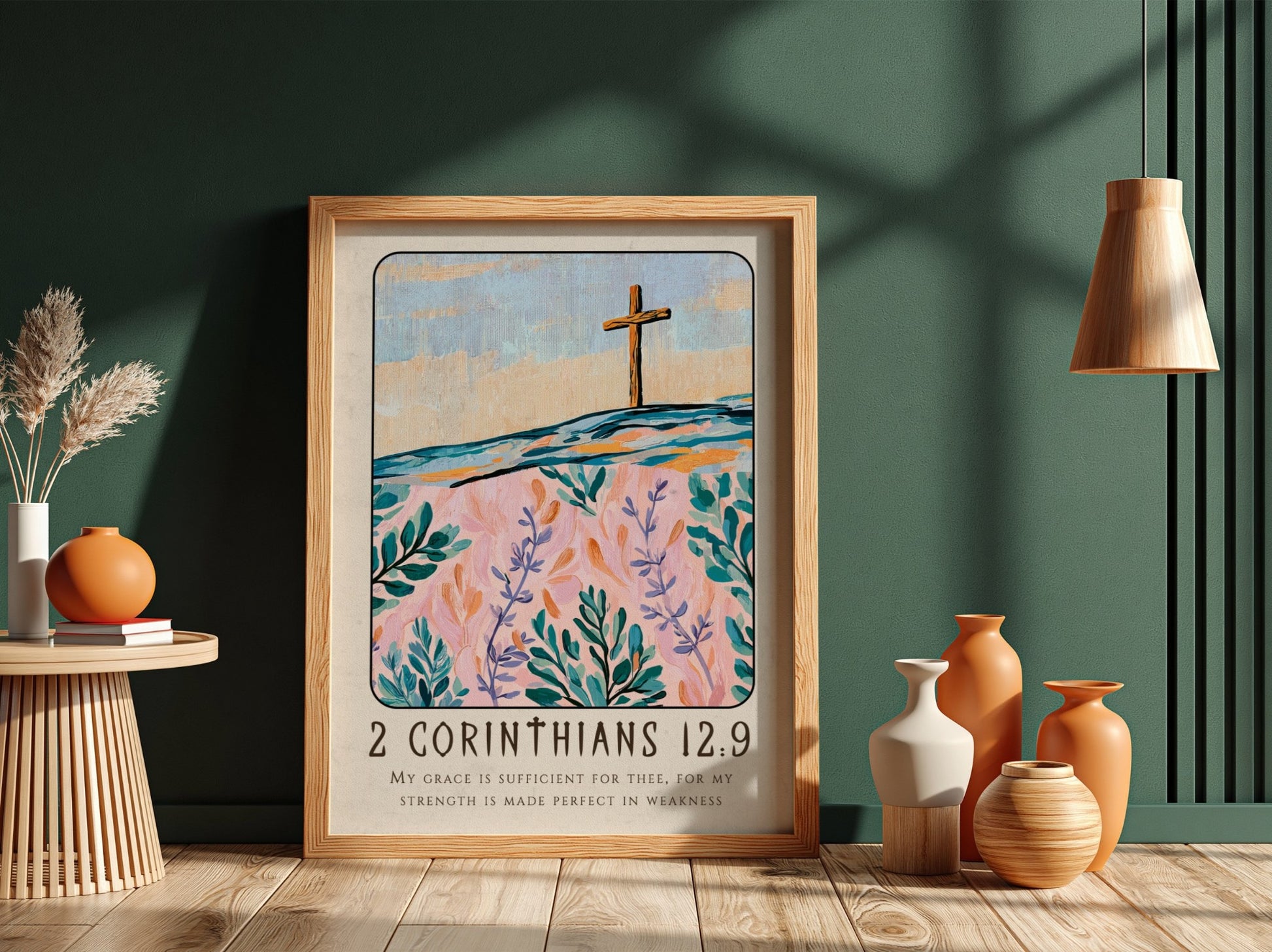 Christian poster featuring 2 Corinthians 12:9 with a cross and floral design in pastel colors