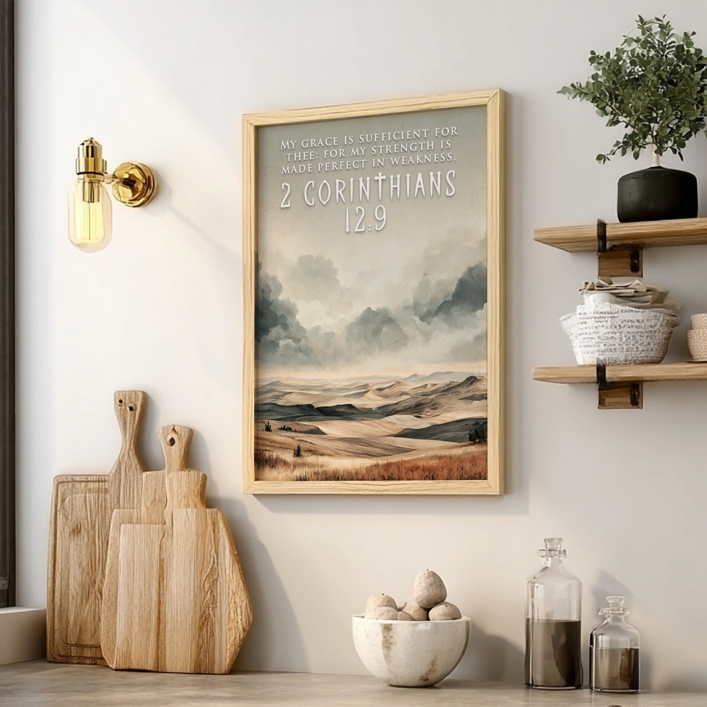 Poster featuring rolling hills and cloudy skies with 2 Corinthians 12:9 text overlay.