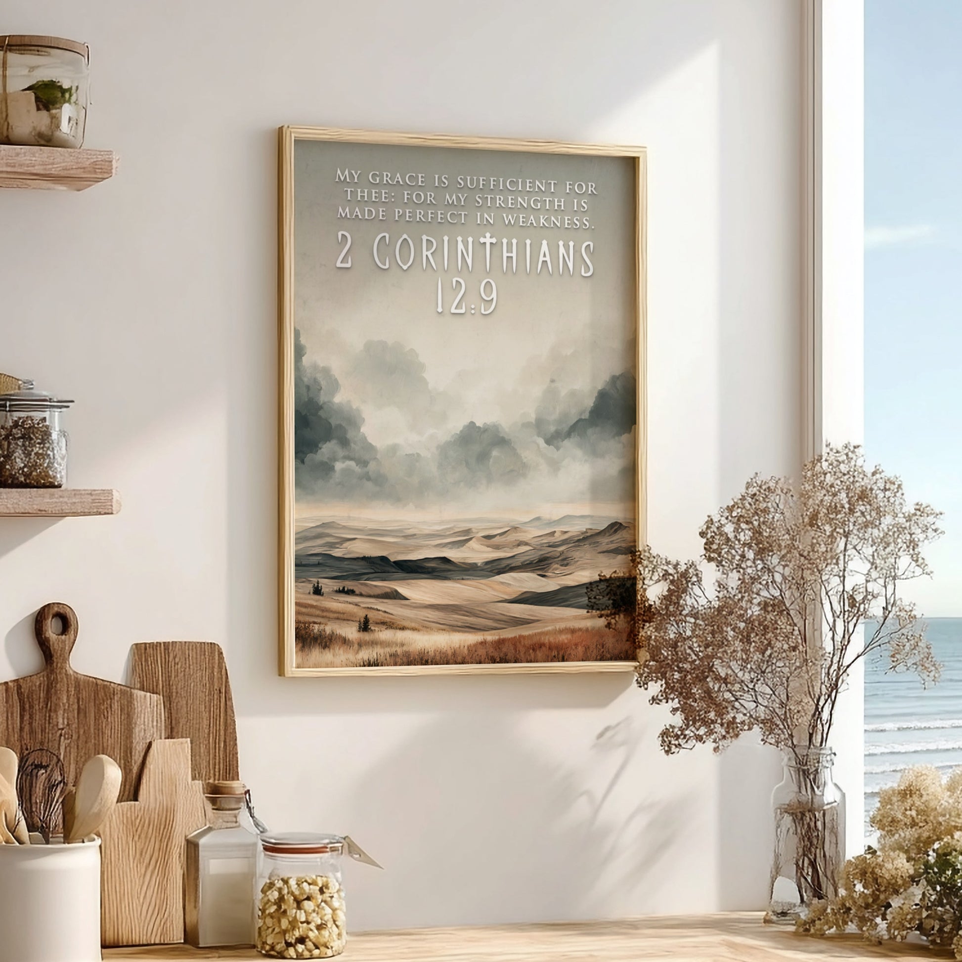 Poster featuring rolling hills and cloudy skies with 2 Corinthians 12:9 text overlay.
