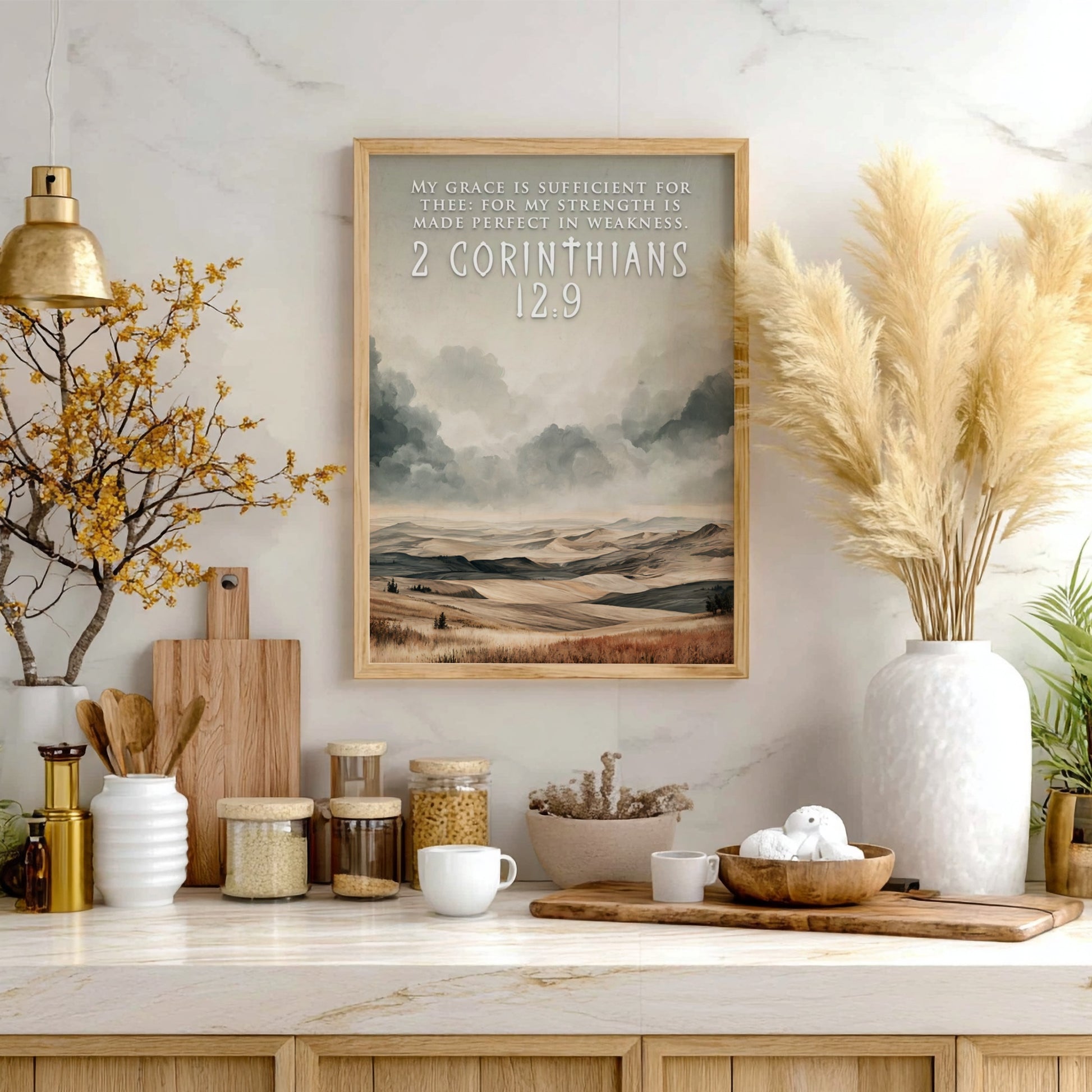 Poster featuring rolling hills and cloudy skies with 2 Corinthians 12:9 text overlay.