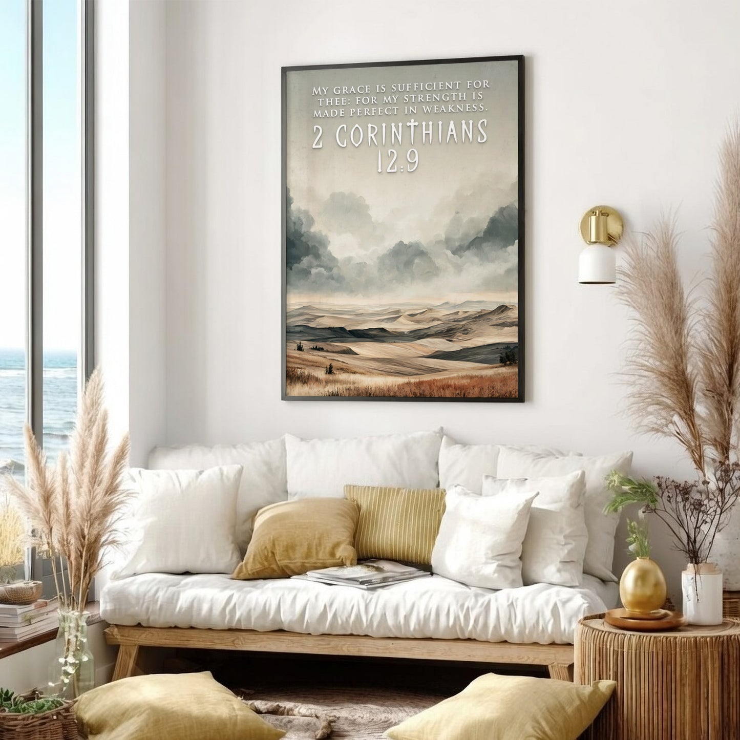 Poster featuring rolling hills and cloudy skies with 2 Corinthians 12:9 text overlay.