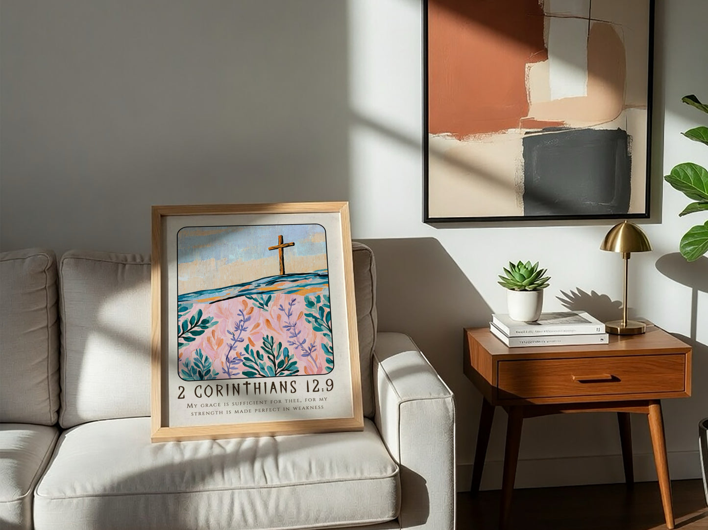 Christian poster featuring 2 Corinthians 12:9 with a cross and floral design in pastel colors
