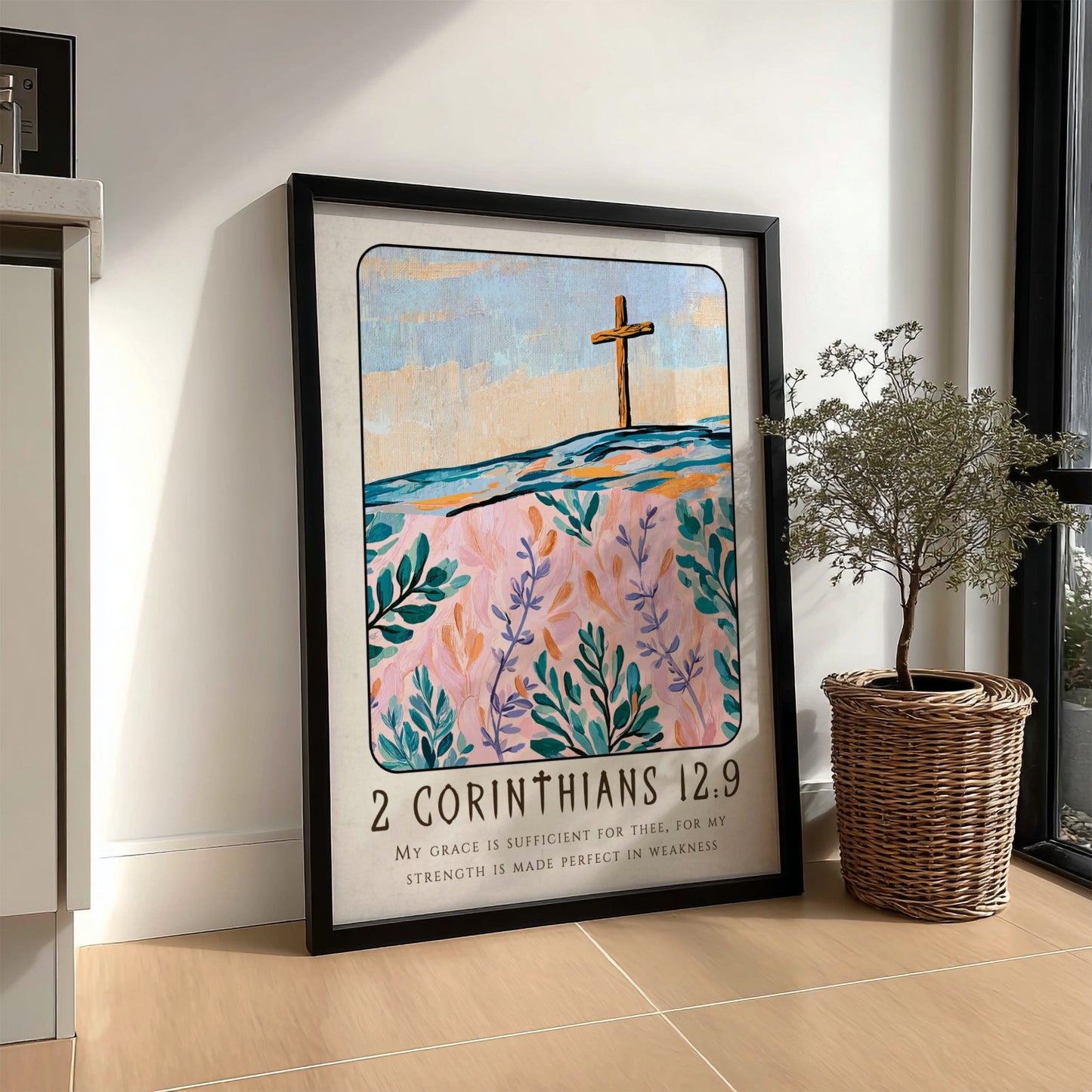 Christian poster featuring 2 Corinthians 12:9 with a cross and floral design in pastel colors