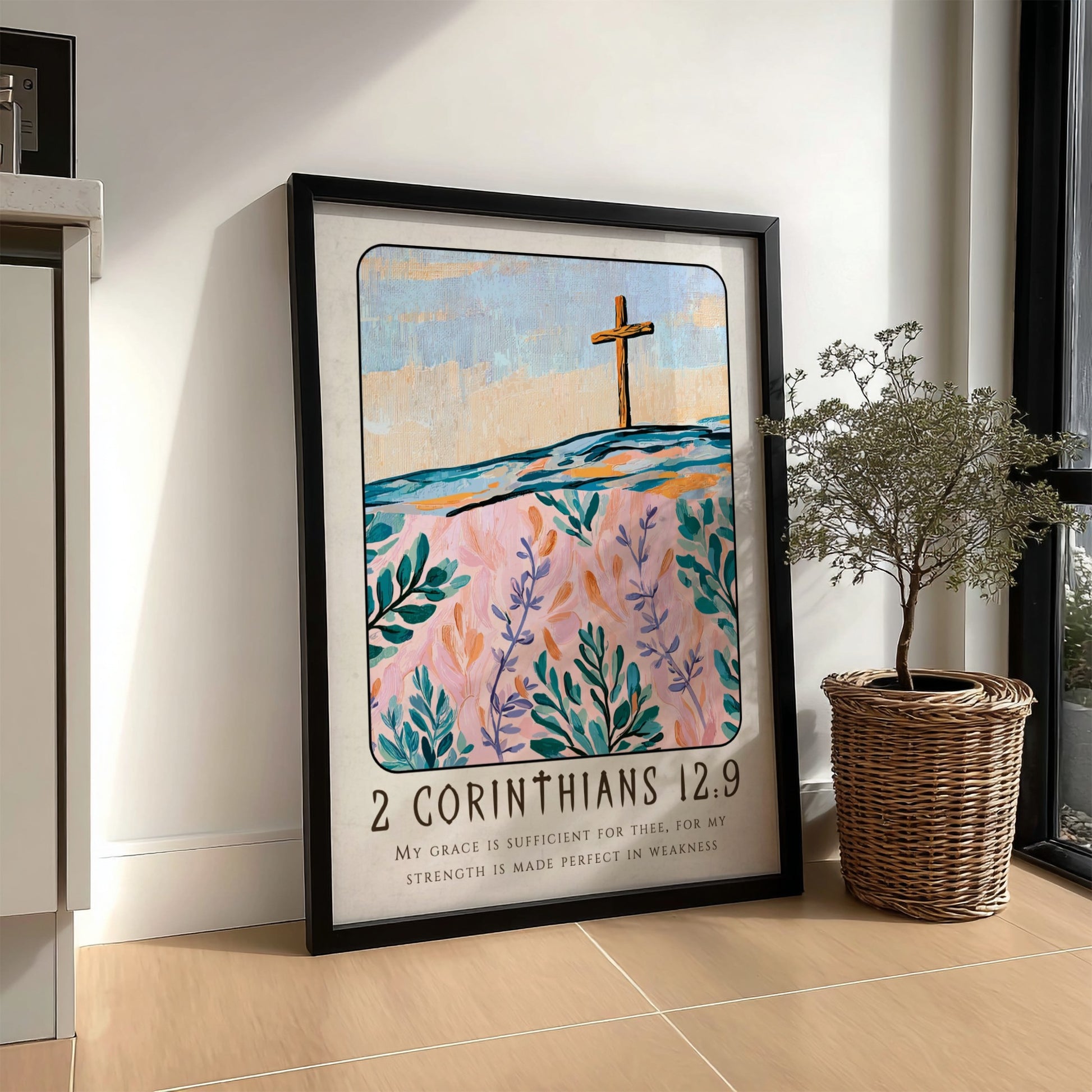 Christian poster featuring 2 Corinthians 12:9 with a cross and floral design in pastel colors