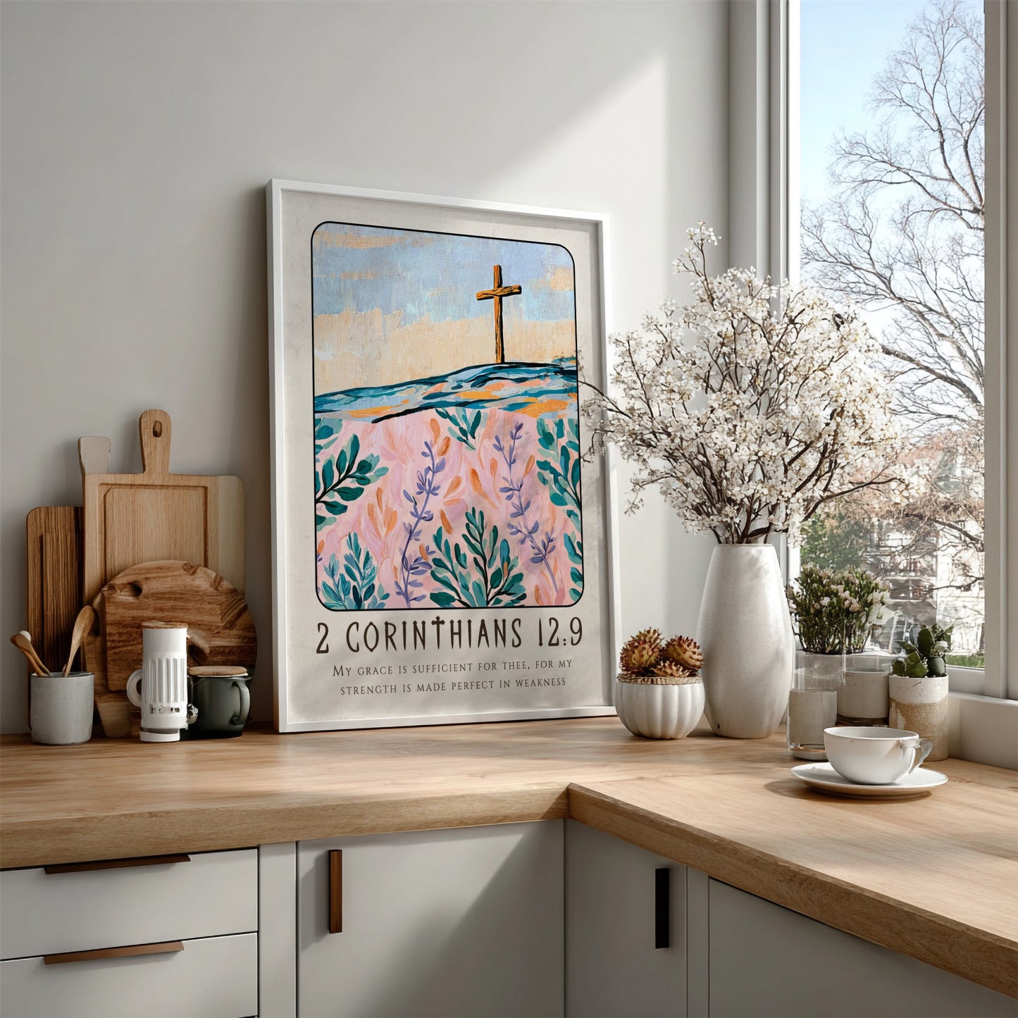Christian poster featuring 2 Corinthians 12:9 with a cross and floral design in pastel colors