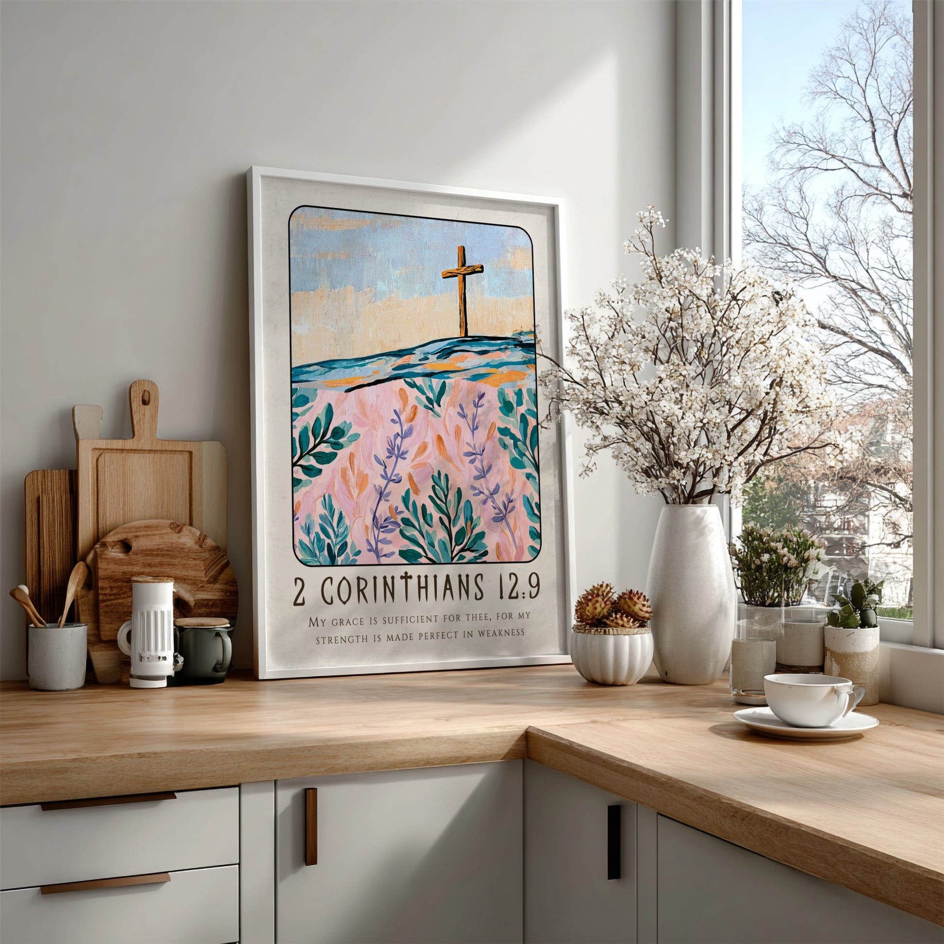 Christian poster featuring 2 Corinthians 12:9 with a cross and floral design in pastel colors