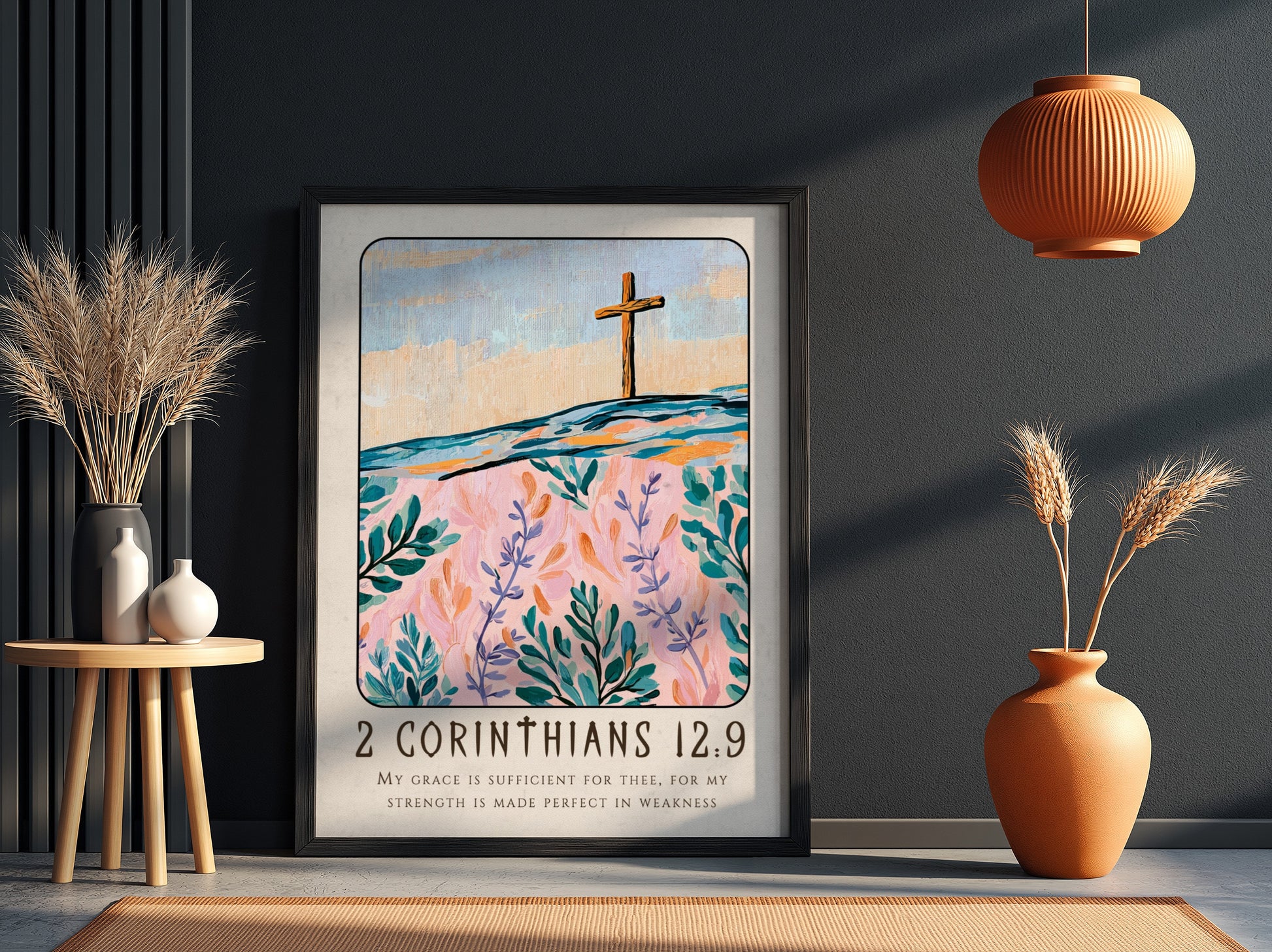 Christian poster featuring 2 Corinthians 12:9 with a cross and floral design in pastel colors
