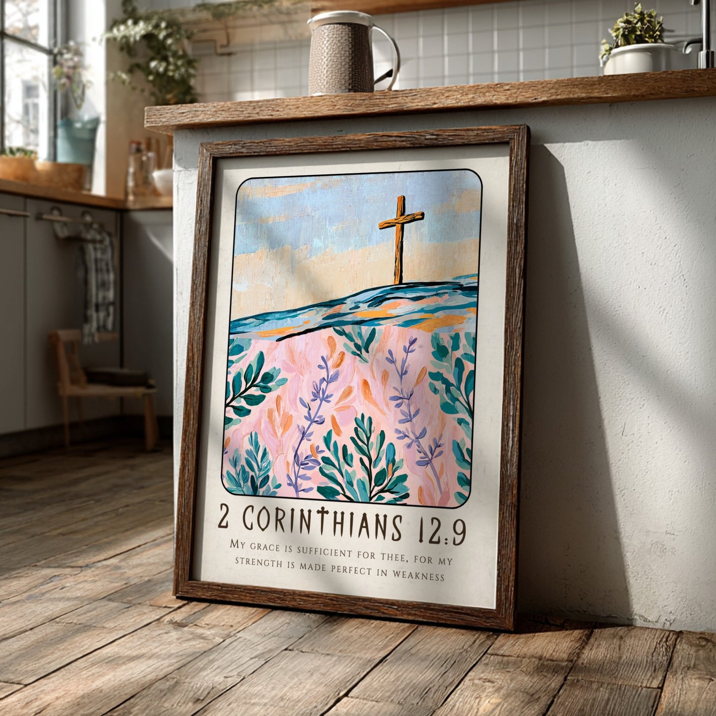 Christian poster featuring 2 Corinthians 12:9 with a cross and floral design in pastel colors